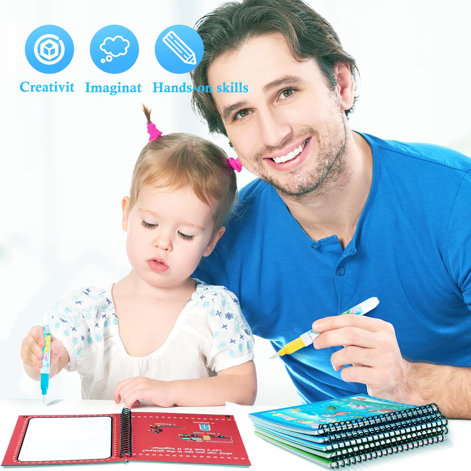 Libro Magico ad Acqua da Colorare 6 Pezzi, Water Book da Disegno, Riutilizzabili con Penna ad Acqua Regalo per Bambini Dai 3 Anni +