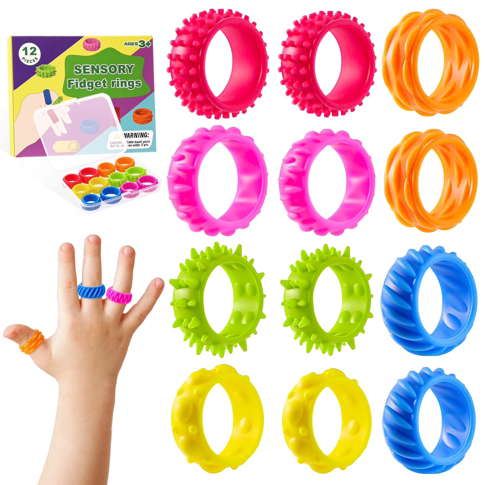 12 Stück Fidget Toys Kinder, Silikon Sensorikringe Anti Stress, ADHS Spielzeug Hilfsmittel für Kinder bei Autismus, Leise Fidget Ring zur Konzentration & Angstabbau, Mehrere Oberflächenstrukturen