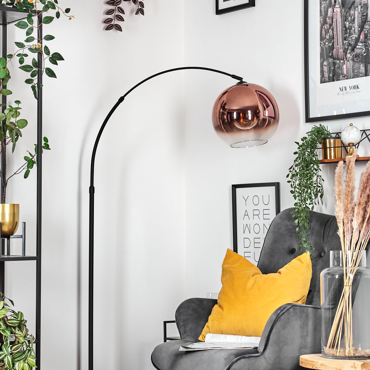 Lámpara de pie HOFSTEIN Koyoto, de metal/cristal en negro/cobre/claro con base de mármol, lámpara ajustable de diseño retro (pantalla de Ø 30 cm), interruptor de pie, E27, salón, dormitorio, pasillo
