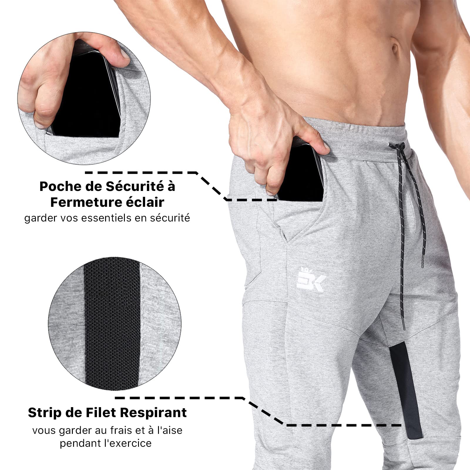 BROKIG - Pantalón deportivo para hombre, fitness, algodón, con bolsillos con cremallera