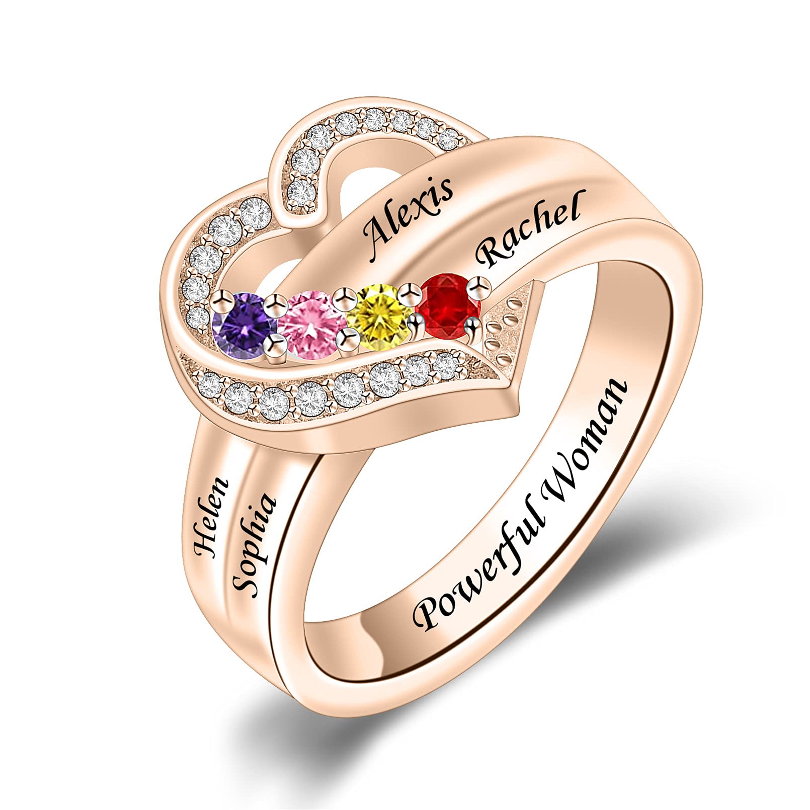 MissNaNa Personalized Mothers Rings with Simulated Birthstones Engraved 1-8 Family Names Mother's Day Rings Custom Love Heart Family Rings for Women