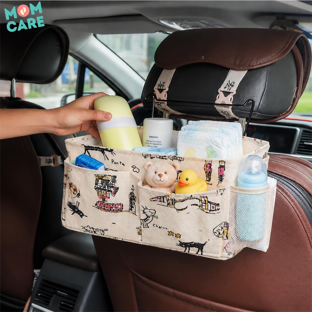 MOM CARE Hanging Cot Diaper Storage Bag Bedside Organizer Canvas Caddy Large Capacity Bed Rail Pocket With Wire Hooks For Nursery Books Toys Diapers Marine Anchor Print Cream Color 1
