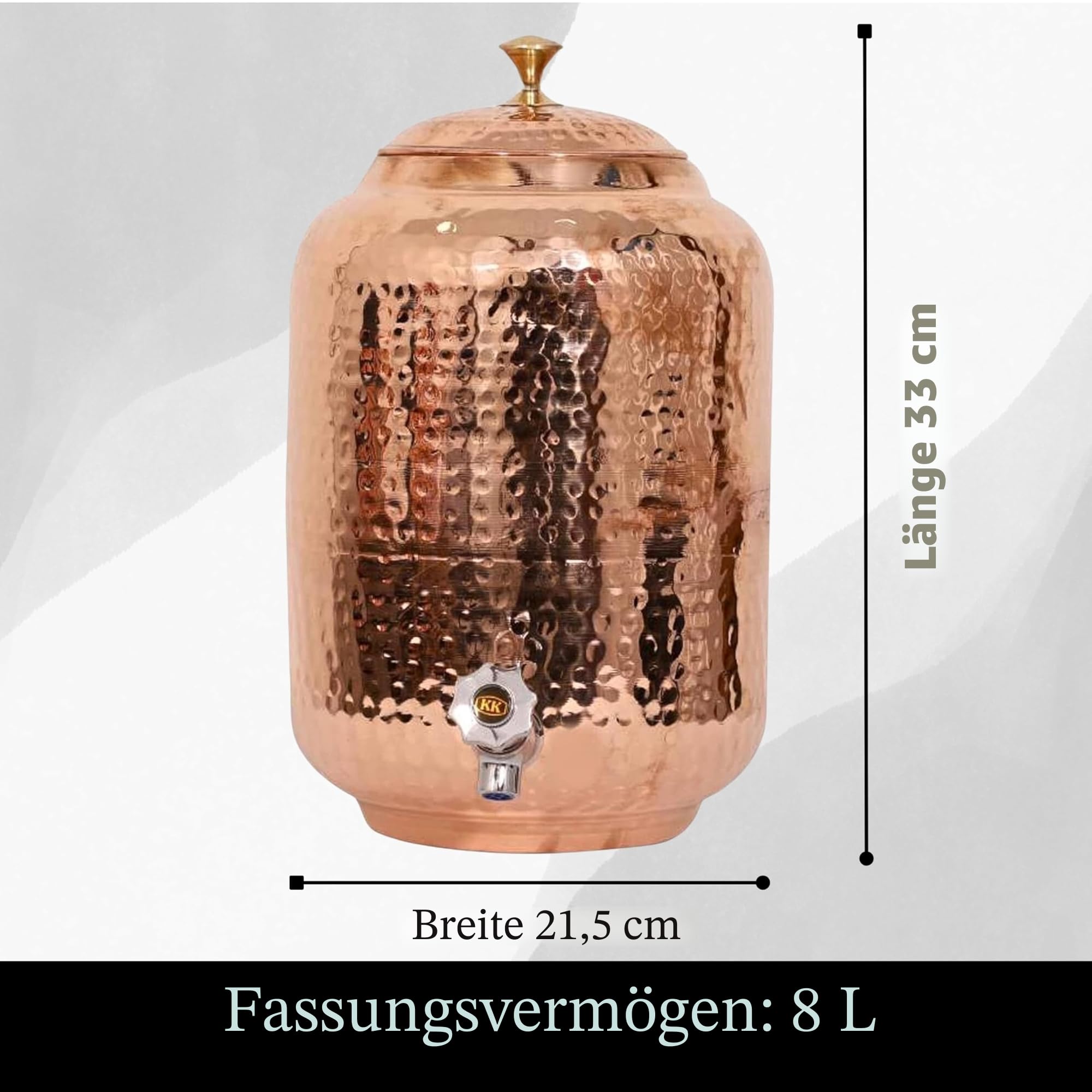 Wasserspender aus reinem Kupfer, 8 l Fassungsvermögen, gehämmerte Oberfläche, ayurvedische gesundheitliche Vorteile, inklusive 2 passenden Trinkgläsern und 1 Kupferflasche, handgefertigtes