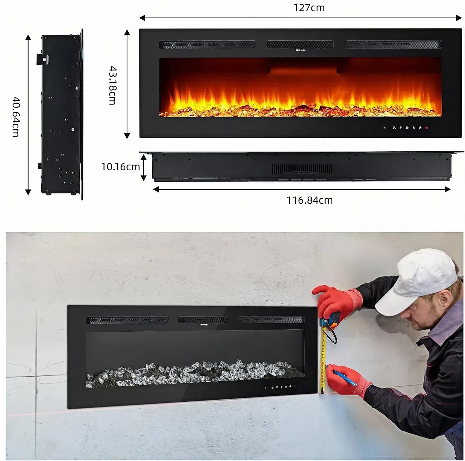 Chimenea Eléctrica 3D de Pared 50" (127 cm) con Calefacción, 900/1800 W, LED 12 Colores