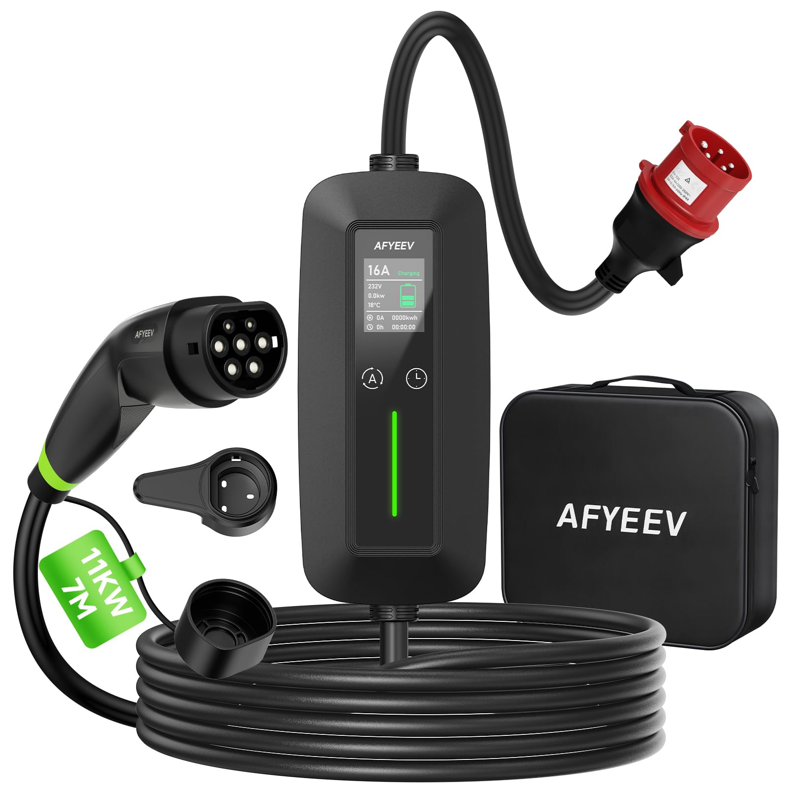 Cable de Carga Tipo 2, 11 kW, trifásico, 7 m, 6 – 16 A | estación de Carga móvil con Enchufe CEE, Potencia de Carga Ajustable Cargador EV para IEC 62196 – 2