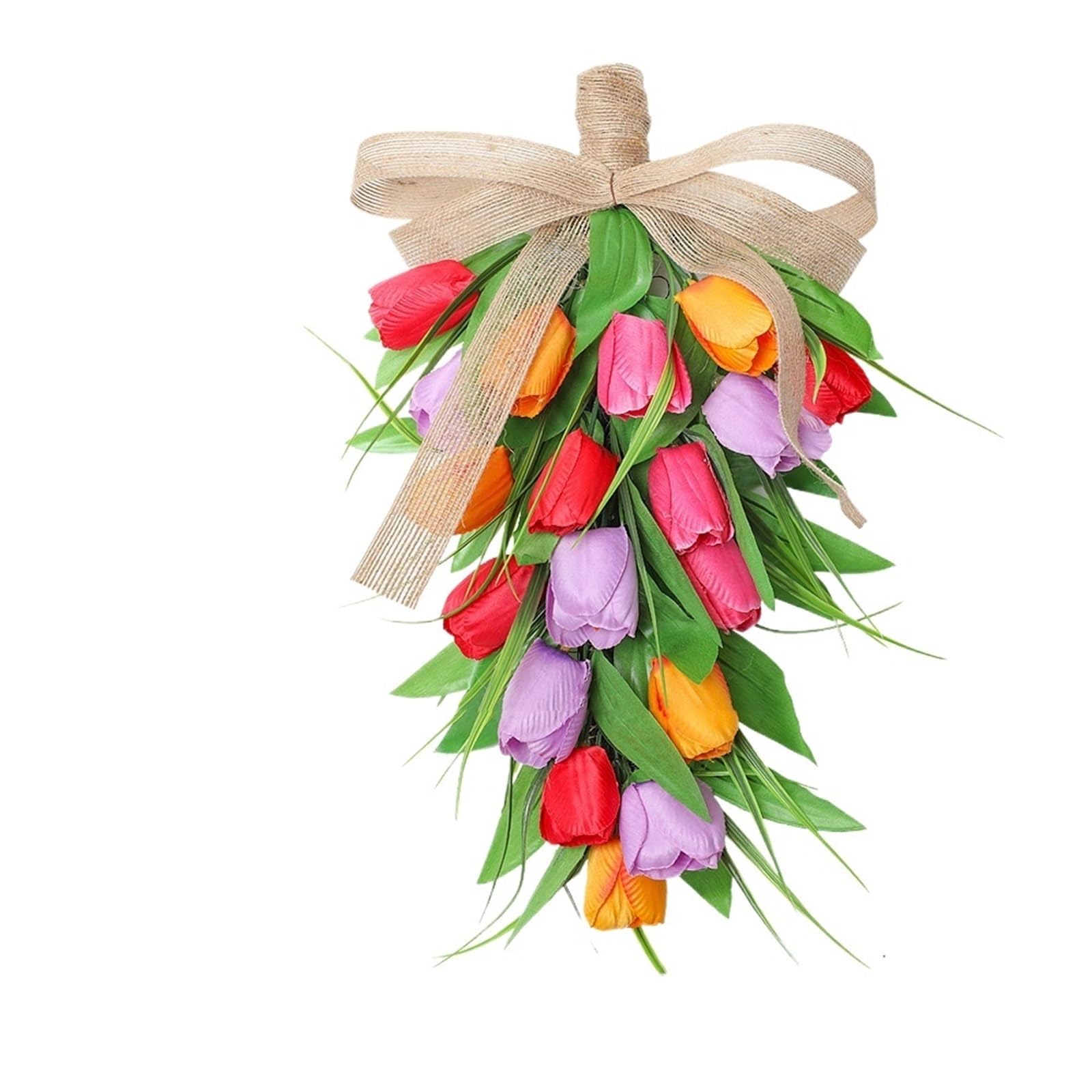 Door Wreath 2pcs Handmade Artificial Tulips Flowers Teardrop Swag With Burlap Bow Spring Easter Wreath For Front Door Decor(Red Purple)