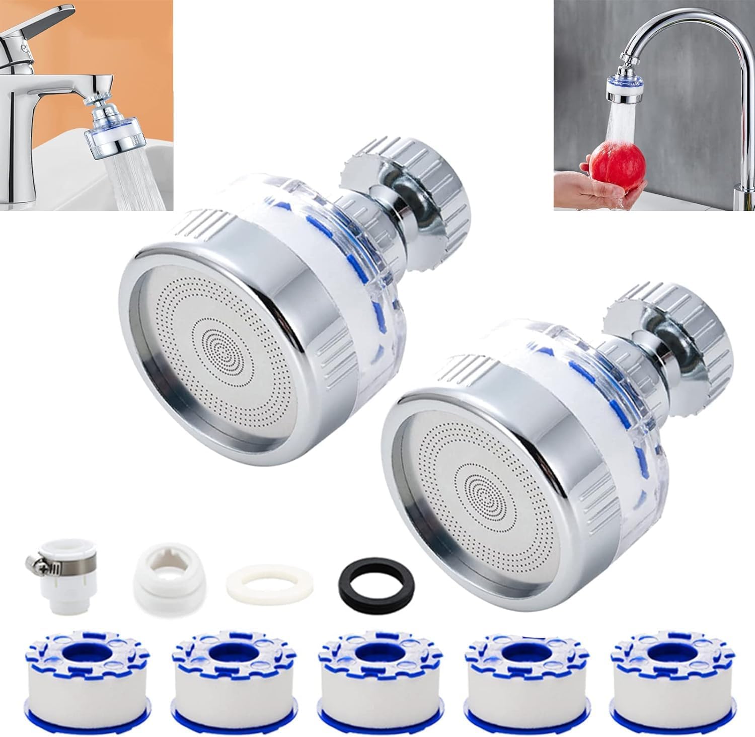 2Pack Sink Water Filter Faucet, Universal 360 ° Rotating Kitchen Faucet Water Purifier, Bathroom Faucet Filter-Removes Chlorine Fluoride Heavy Metals Hard Water for Home Kitchen & Bathroom