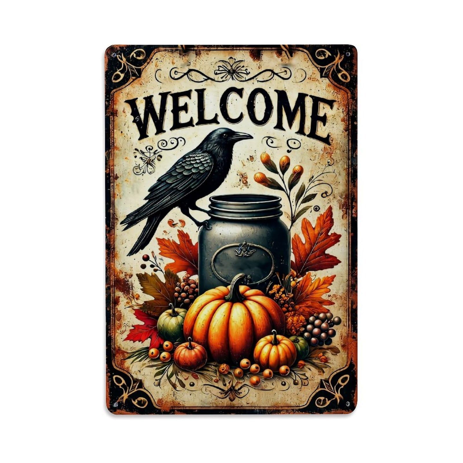 Jdfenggu Vintage Welcome Crow Pumpkin Autumn Harvest Retro Metal Tin Sign, Metal Poster For Bar, Home, Man Cave, Kitchen, Laundry Room Art Decor 8X12 Inch