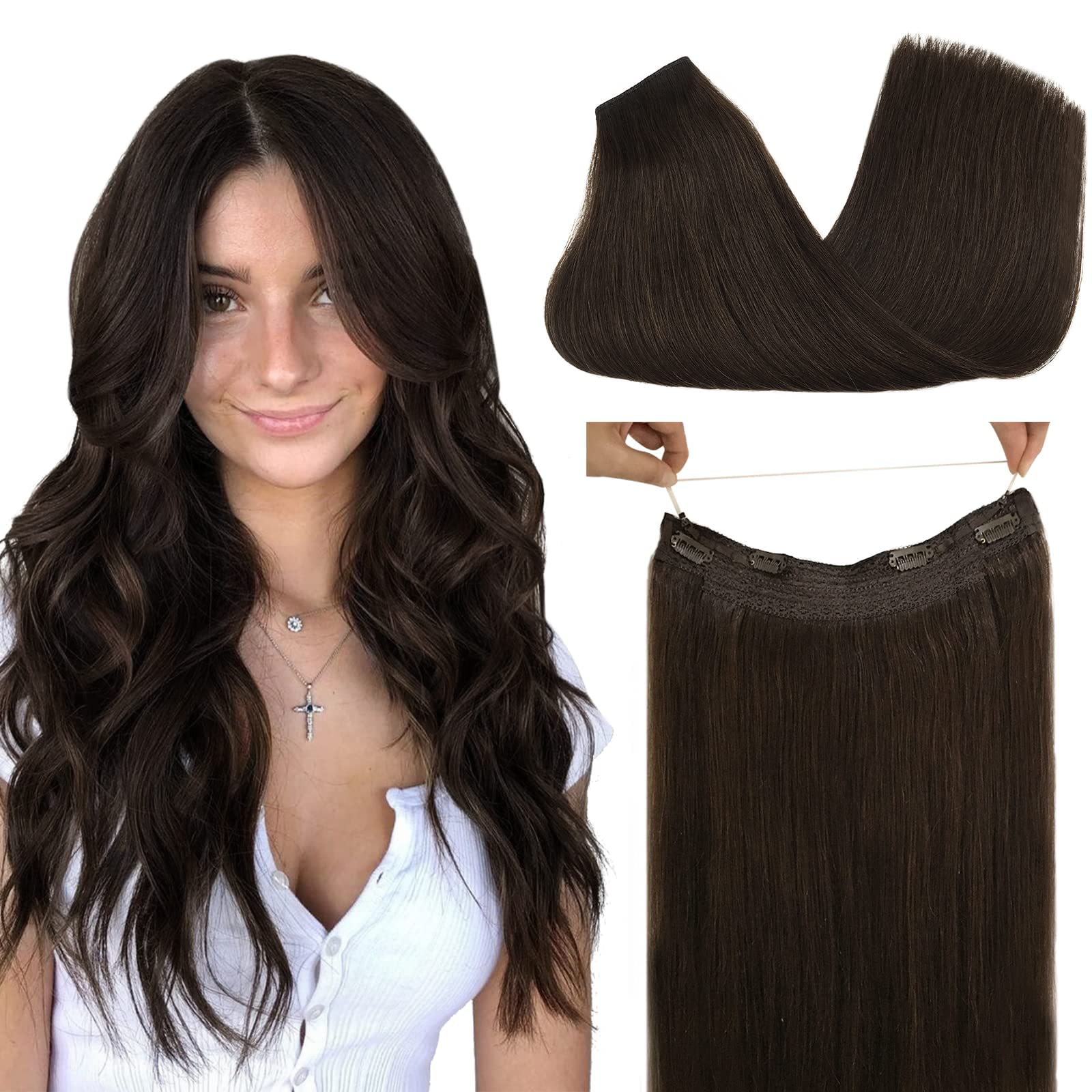 GOO GOO Wire Hair Extensions Human Hair Light Brown Natural Hair Extensions with Wire Layered Straight Hair Extensions Hairpiece with 2 clip-in hair extensions 115g 22 Inch