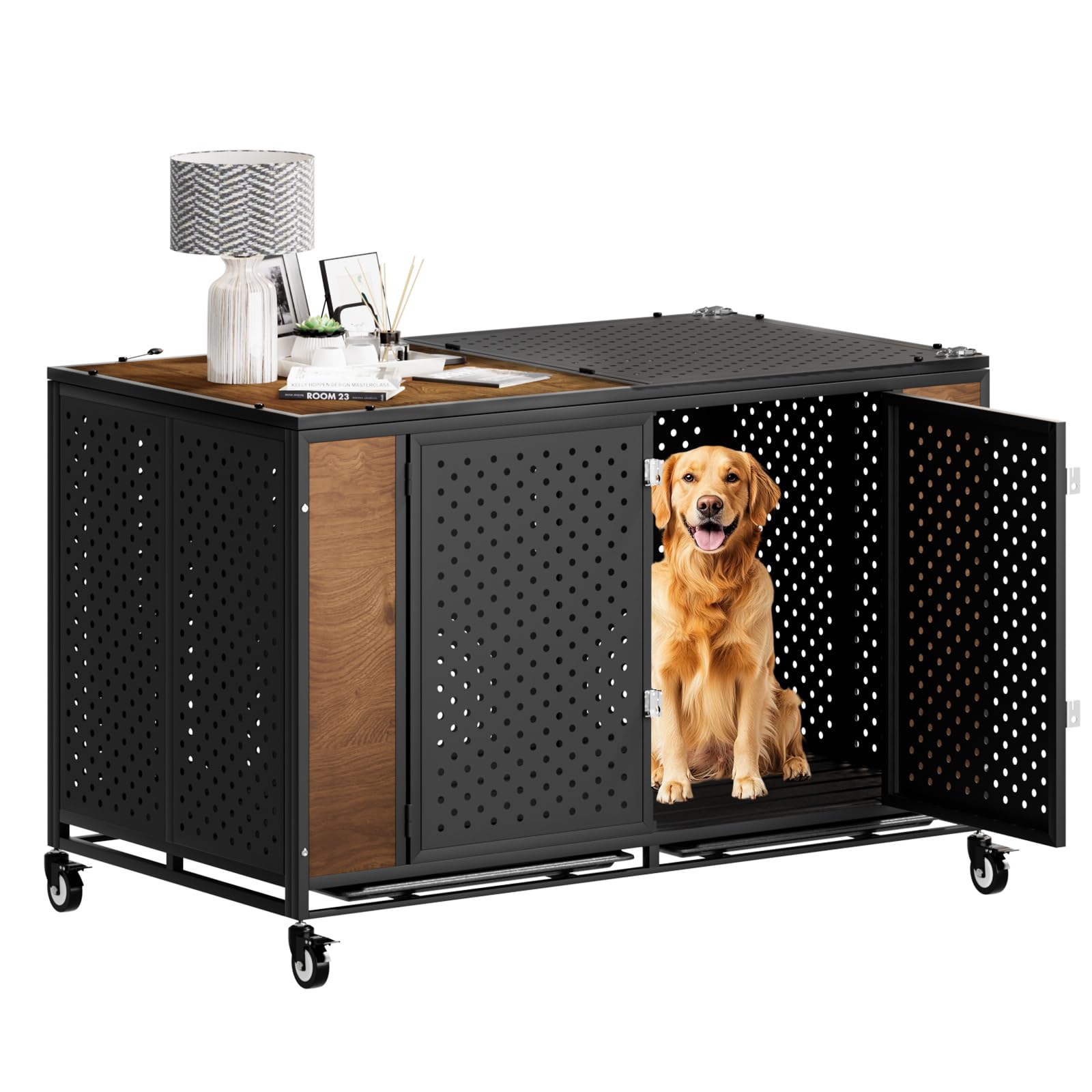 Snuowu 48 Inch Heavy Duty Dog Crate Furniture with Wheels,Indestructible Metal Dog Cage for Large and Medium Dogs, Extra Large XL XXL Dog Crate with
