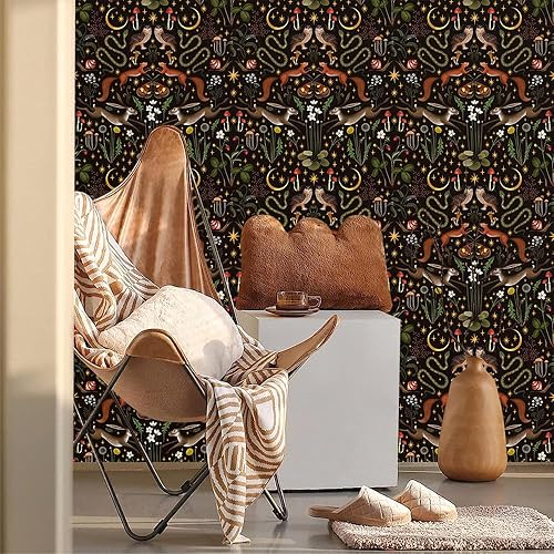 Miniatura 2 de Papel tapiz adhesivo de 18 x 236 pulgadas, diseño de animales del bosque negro, fácil de despegar, vinilo vintage, autoadhesivo, extraíble, para