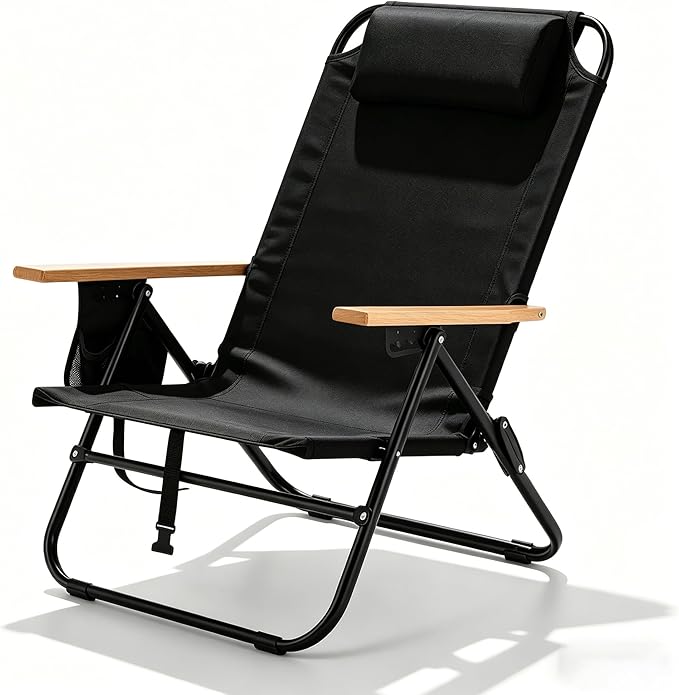 Portable Beach Chair for Adults, Outdoor Camping Chair Lay Flat Folding Backpack Beach Reclining Chair with 5 Positions, Headrest, Cup Holder, Heavy Ocean Striped