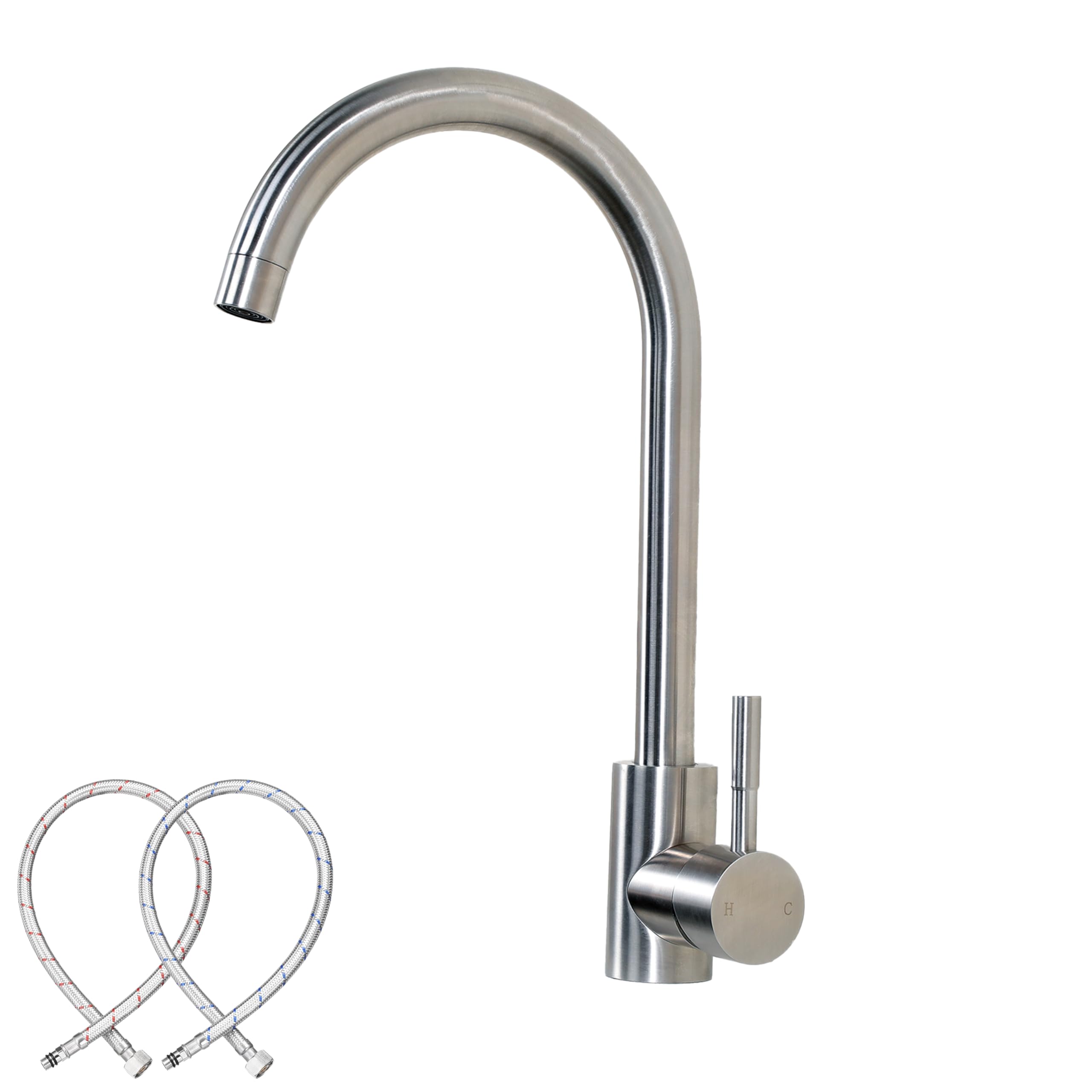 Comllen Kitchen Sink Faucet, Tall Bar Faucets Single Hole, High Arc Stainless Steel, 360° Swivel Spout, Single Handle, Brushed Nickel Kitchen Faucets for RV Prep Kitchen, Hot &Cold Water Hose