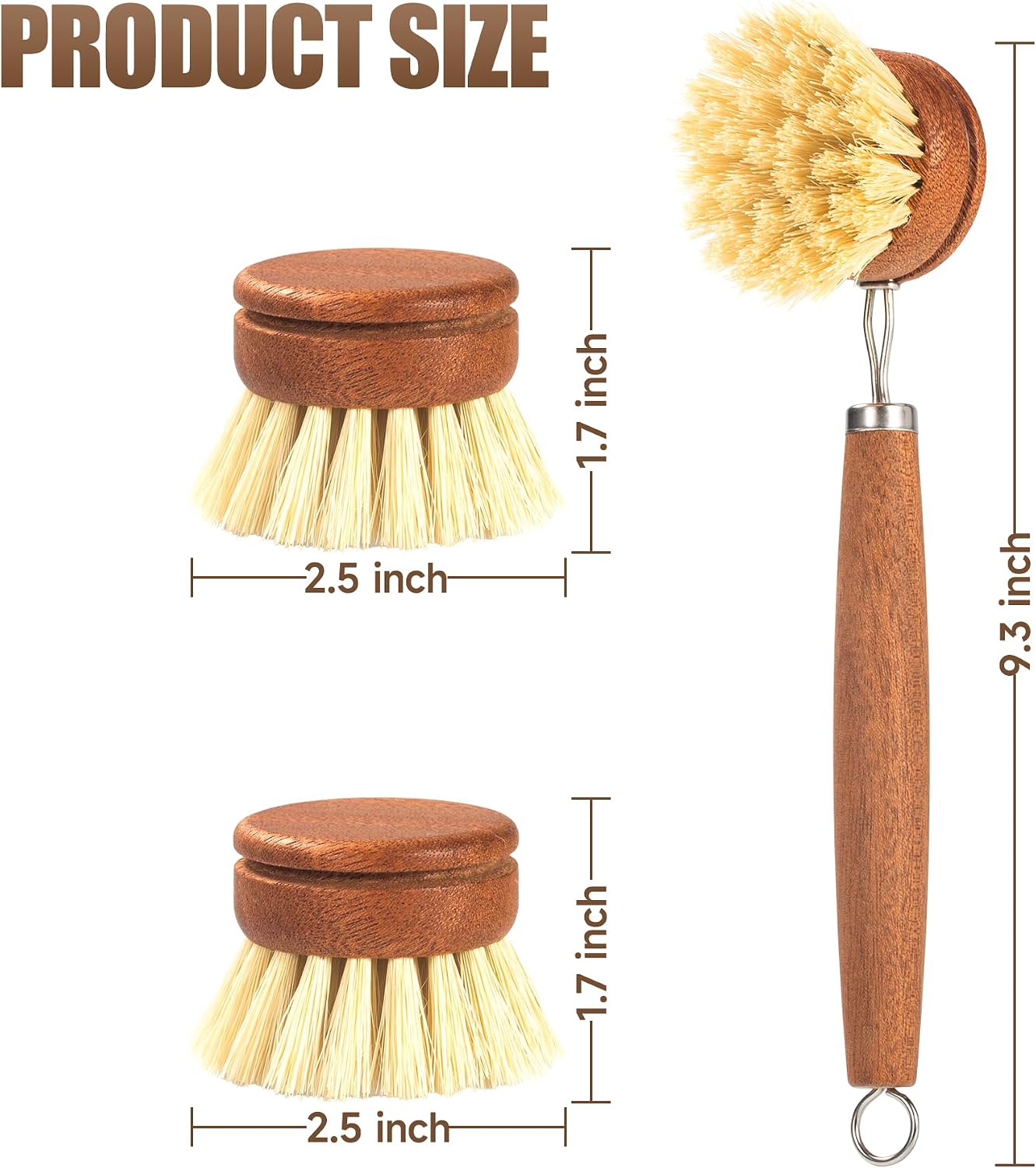 SAMEBUTECO Wood Dish Brush with Long Handle, Natural Sisal Kitchen Scrub Brushes for Fruit & Vegetable,Dishes, Pots and Pans, Includes 1 Scrubber and 2 Replacement Heads, Kraft Box, Brown