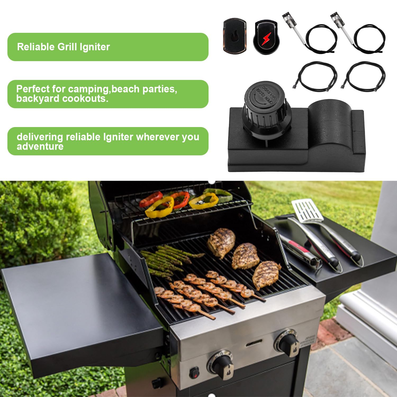 G350-0017-W1 - Encendedores de parrilla compatibles con kit de repuesto de encendedor Charbroil, módulo de encendido electrónico de 2 salidas con cables y 2 botones, encendedor de parrilla para