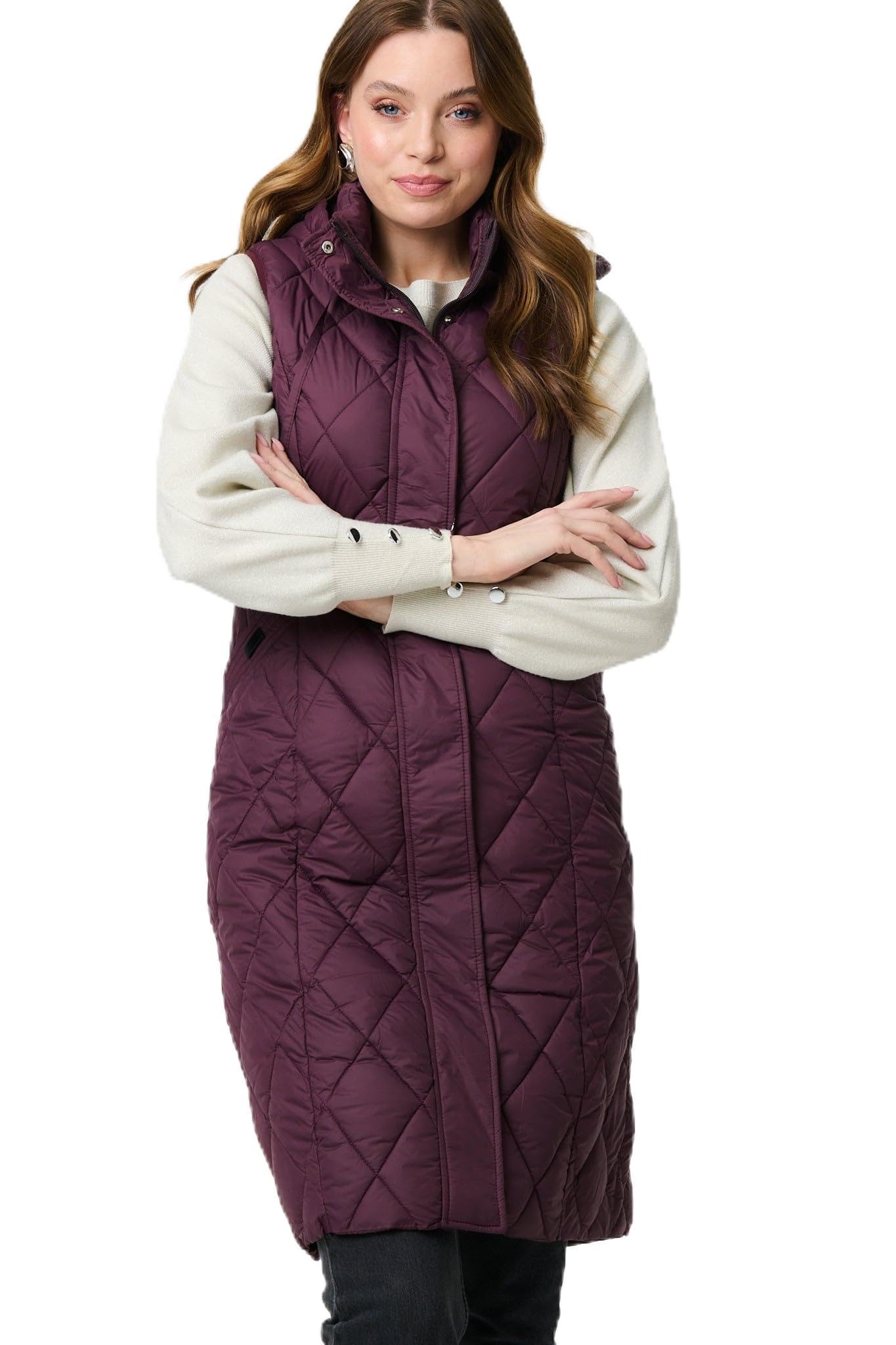 Izabel London Women's Red Hooded Sleeveless Longline Puffer Gilet For Uk With A Front Zip, A Hood And Pockets.