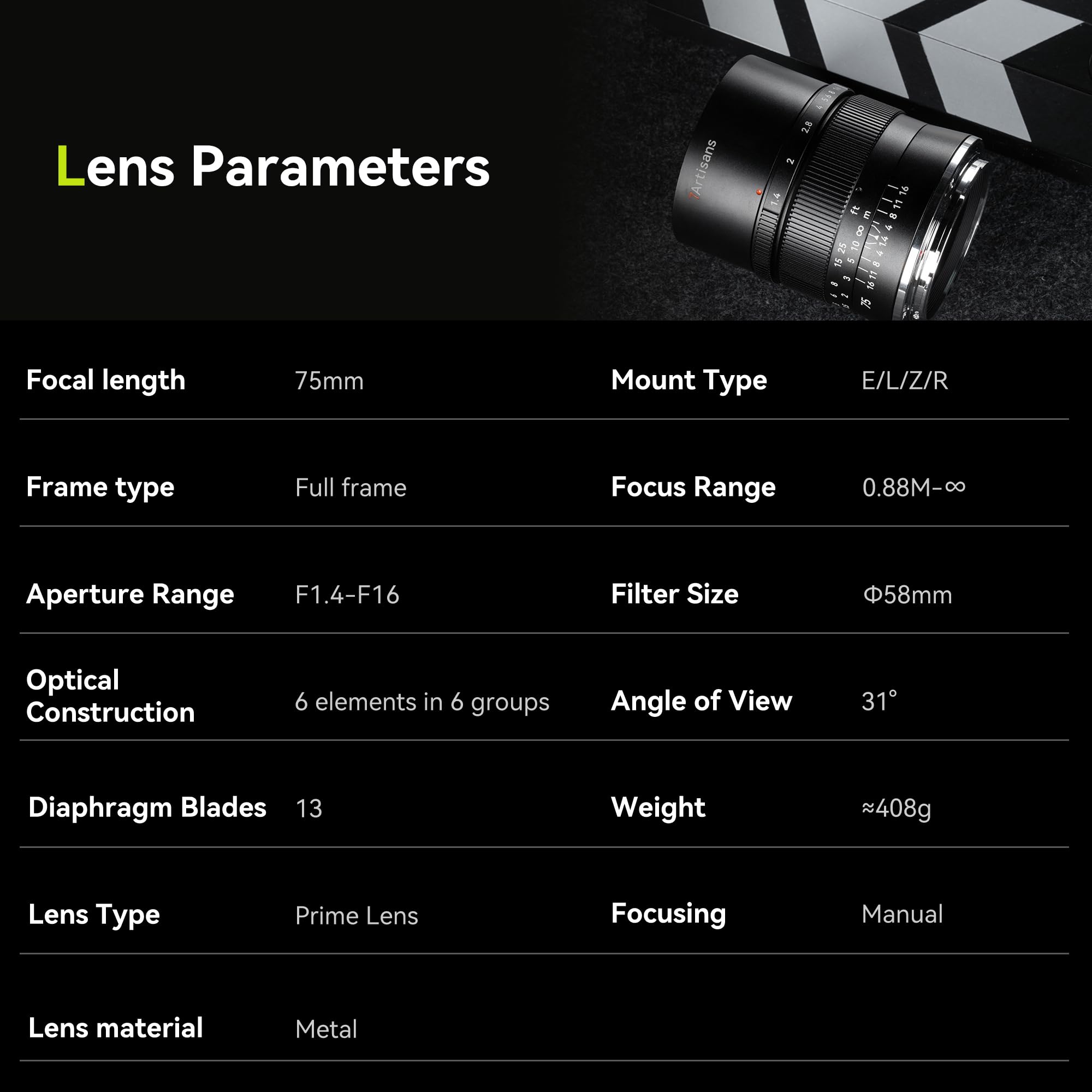 Objectif 7artisans 75 mm f/1.4 Plein Format Manuel à Grande Ouverture 38,4°, Compatible avec Les appareils Photo Hybrides Sony à Monture E FX3, FX30, A1, A9, A7m, A7r, A7s, A7c.