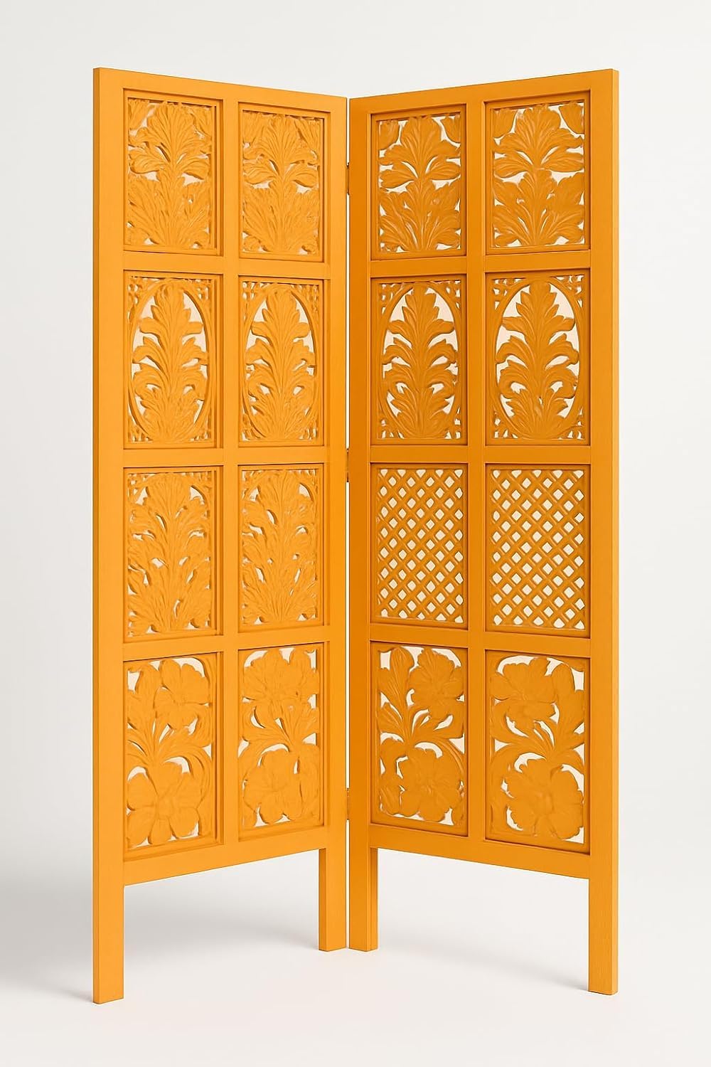 - Wooden Room Divider Partition for Living Room Wooden Screen Partition Hall Partition Makeup Studio Privacy Divider Floor Panels for Pooja Room (Orange, 2 Panels 5 feet)