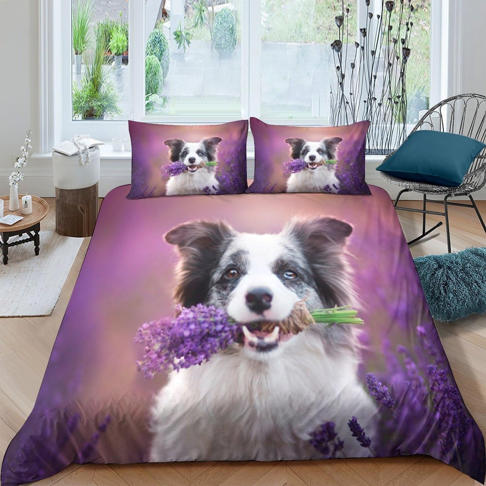 Ctjqhvkz Style-7 3D Printed Lavender Border Collie Fitted Sheet Microfiber Soft Purple Dog Bed Cover For Bedroom Guest Room Decor Single（135X200cm）
