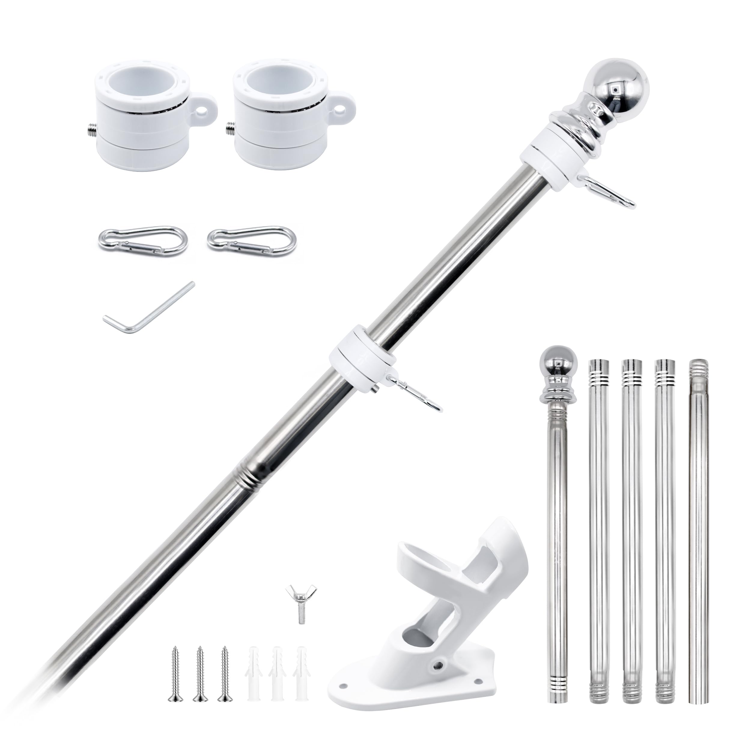 Weavelife Stainless Steel 6FT Flag Pole for House, Tangle Free Outdoor Flagpole Kit with 2 Position Bracket Holder for Residential Wall Mount, Flag NOT Included