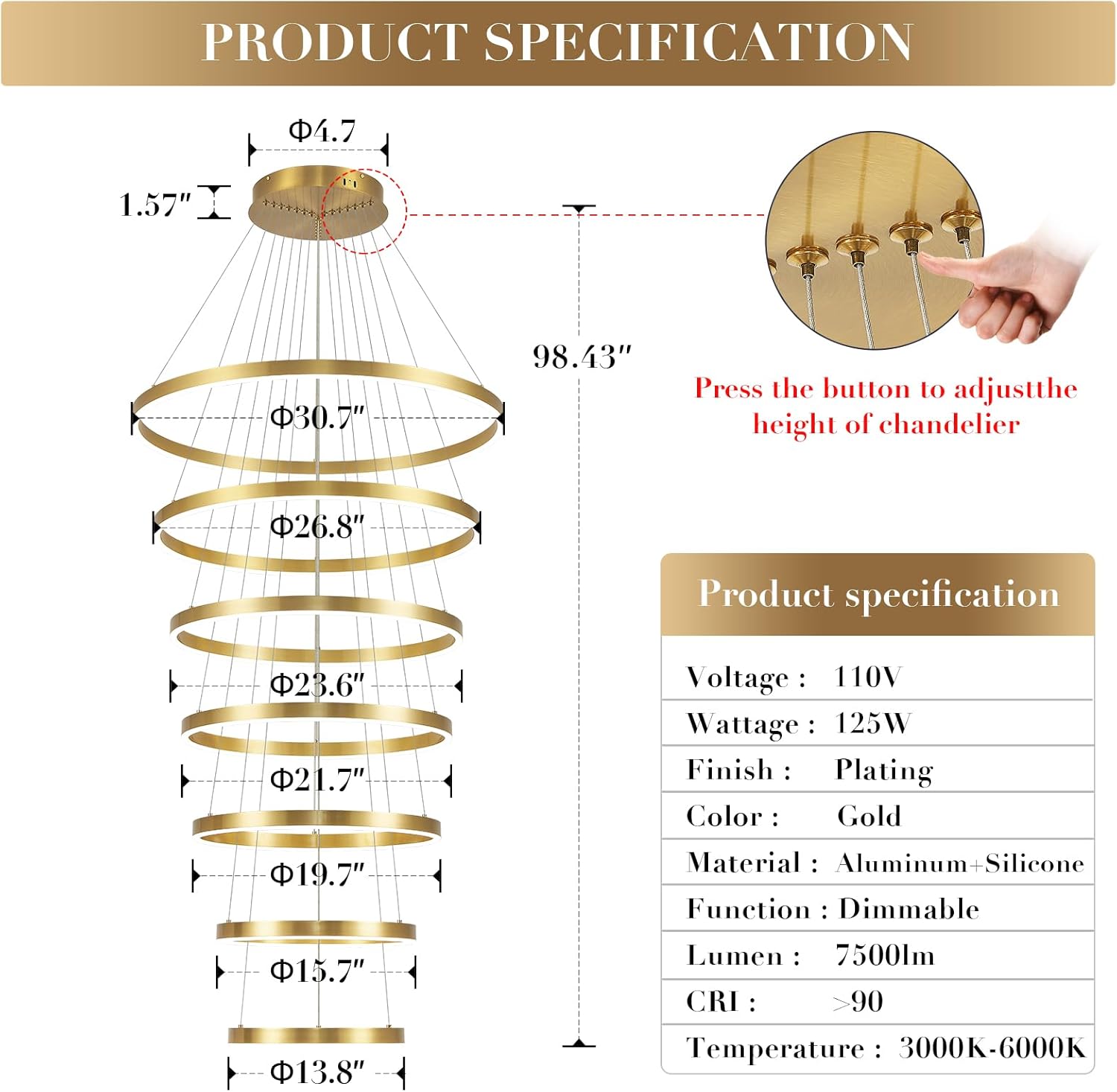 High Ceiling Brushed Gold Ring Chandeliers 7-Ring LED Chandelier Dimmable Modern LED Chandeliers 31" Large Foyer Chandelier Entryway Living Room Staircase, 3000K-6500K