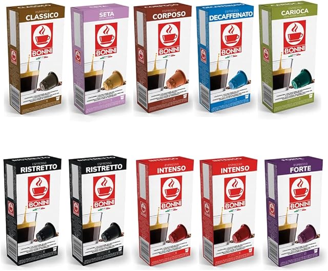 Caffè Tiziano Bonini Coffee Pods, Nespresso Compatible 10 Variety Packs Coffee Pods, Blends Inc. Decaf, Ristretto, Intenso, Classico, Seta, Forte, Corposo, Carioca. Each Pack 10 Pods Total 100 Pods