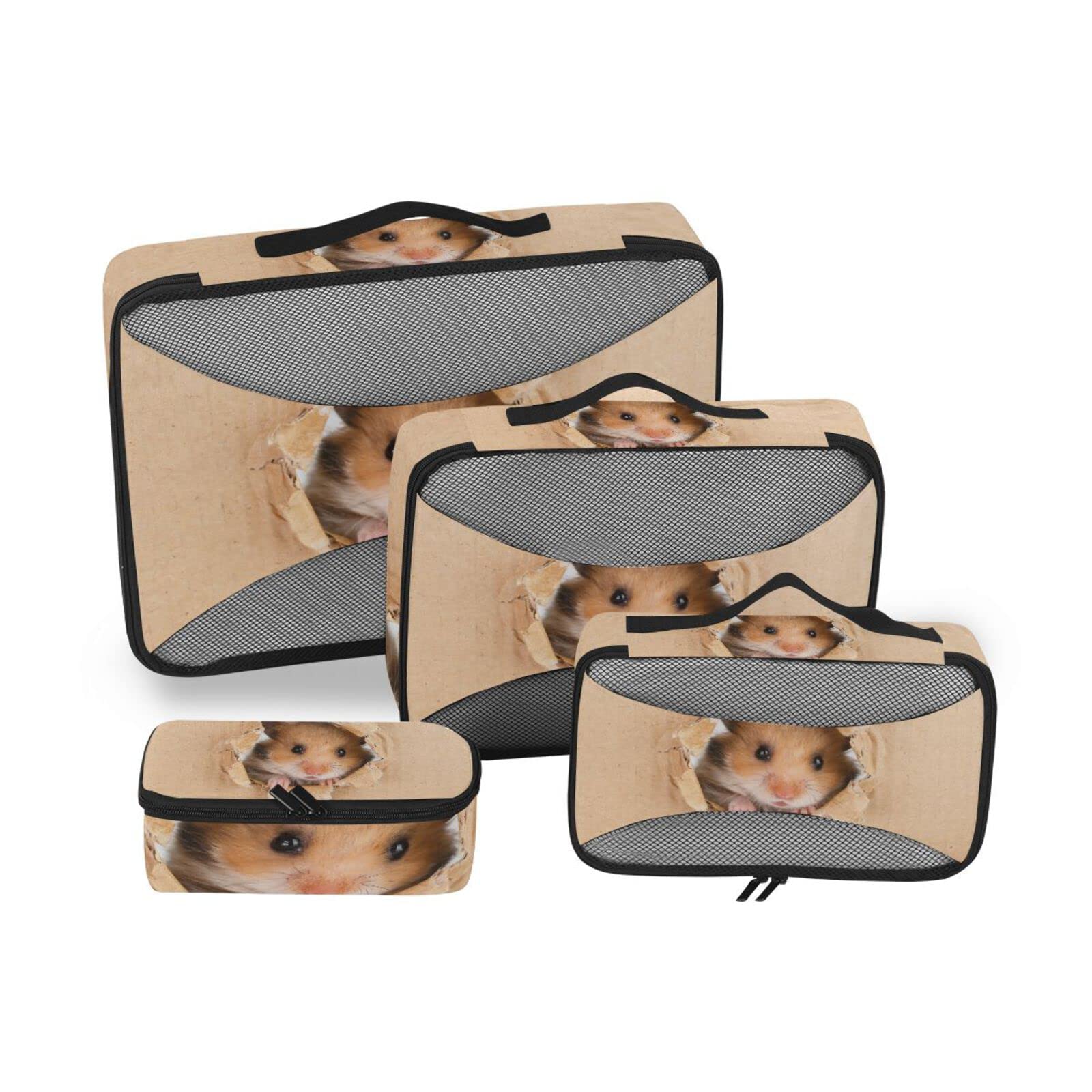 Little Hamster Looking Through a Cardboard Torn Hole 4 Set Packing Cubes, Travel Packing Organizers, 600D Oxford Cloth Toiletry Storage Bag, Luggage Mesh Bags for Accessories
