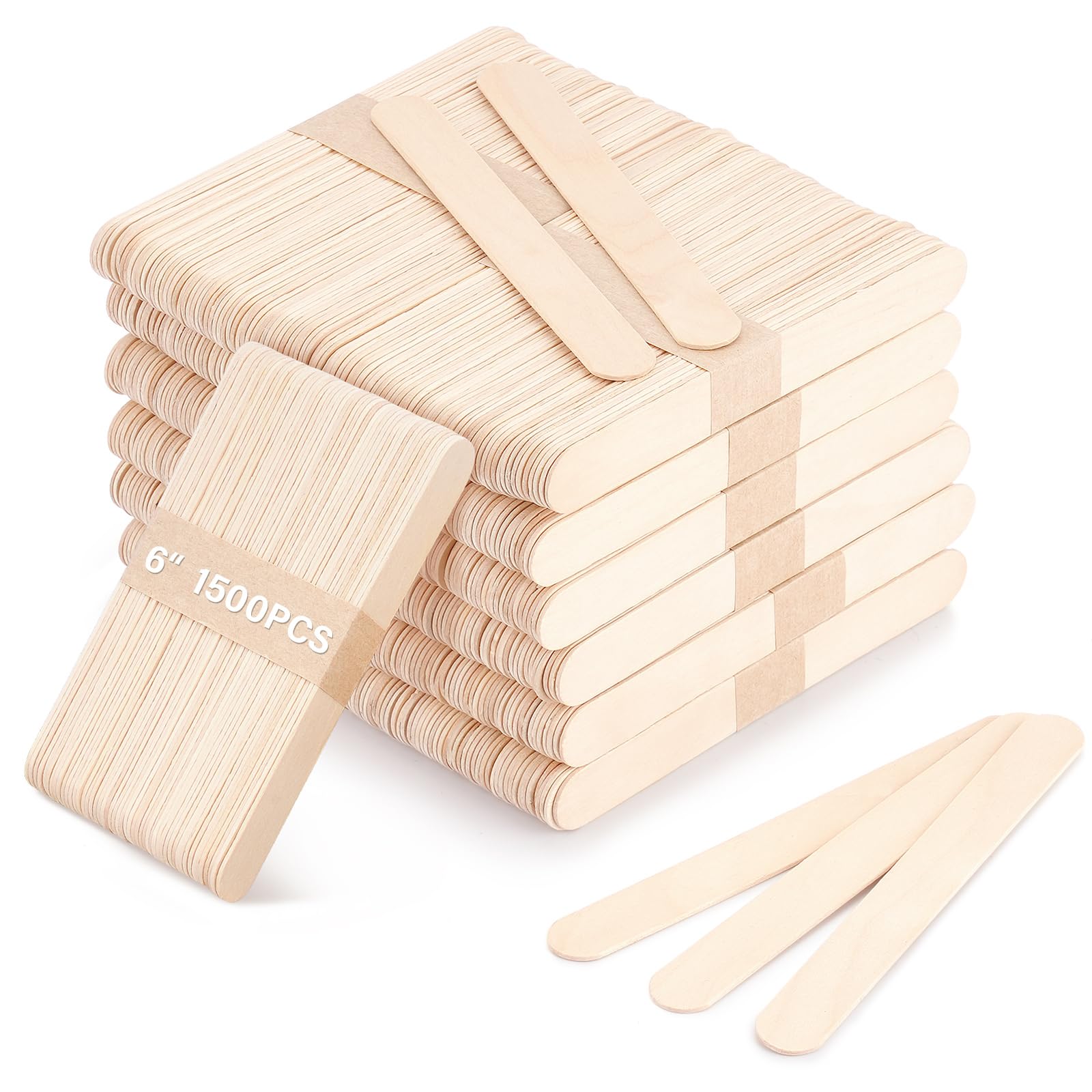 WoBiogHo 1500 Pcs Wooden Wax Sticks 6-Inch Jumbo Wood Waxing Stick Wax Spatulas Applicator Multi-Purpose Wood Popsicle Craft Sticks for Body Hair Removal, Tongue Depressors and Craft Projects