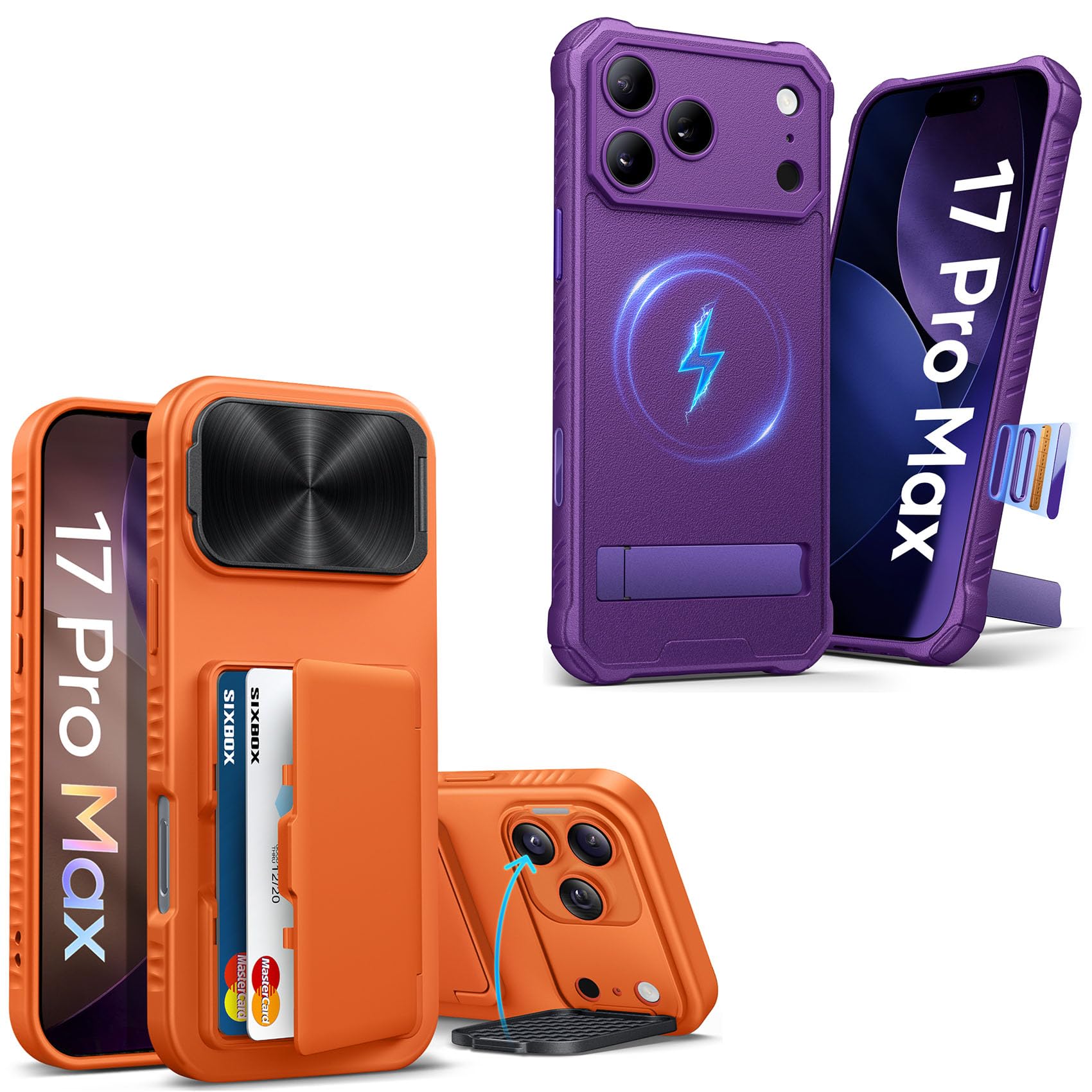 SIXBOX for iPhone 17 Pro Max Case with Credit Card Holder, Built-in Camera Cover & Stand, Rugged Shockproof Protective Phone Case for 17 Pro Max