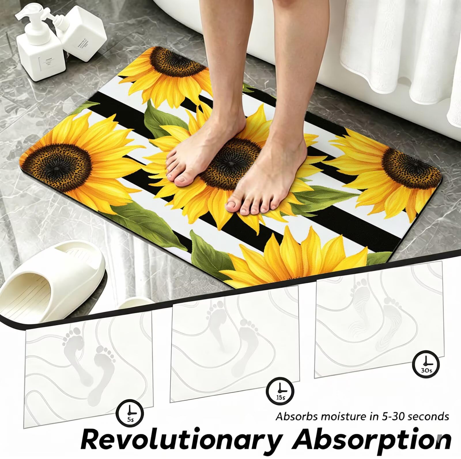 Alfombra de Baño 70 x 120 cm, Alfombra Baño Secado Rapido con Diatomita, Antideslizante Bañera Alfombras Amarillo, Super Absorbente Alfombrilla Ducha Antideslizante para Casa y Cocina, Girasol O-2259