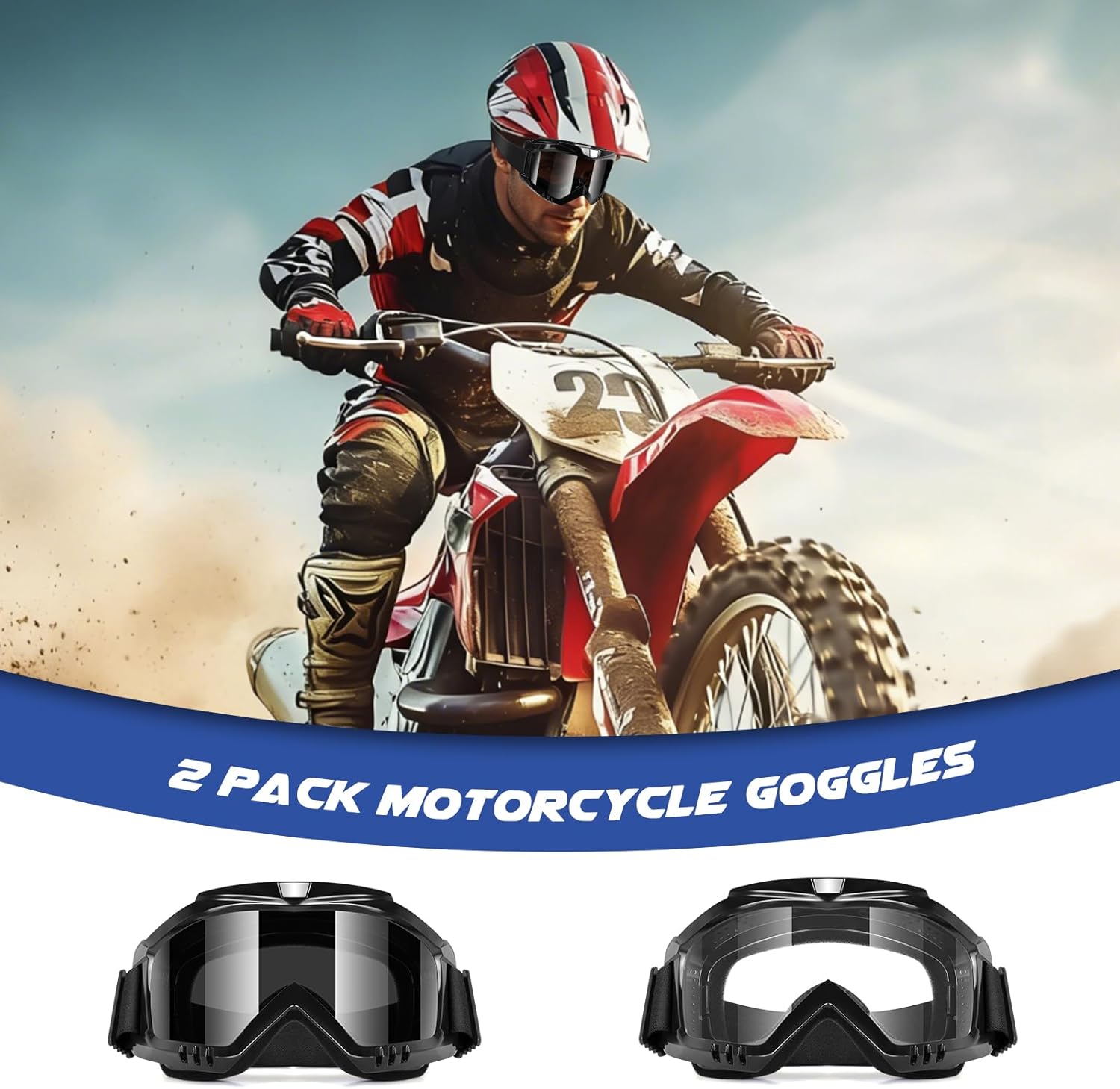 Snow motorcycle goggles, windproof glasses, wide field of view, anti fog, anti dust, 2-piece set of transparent lenses