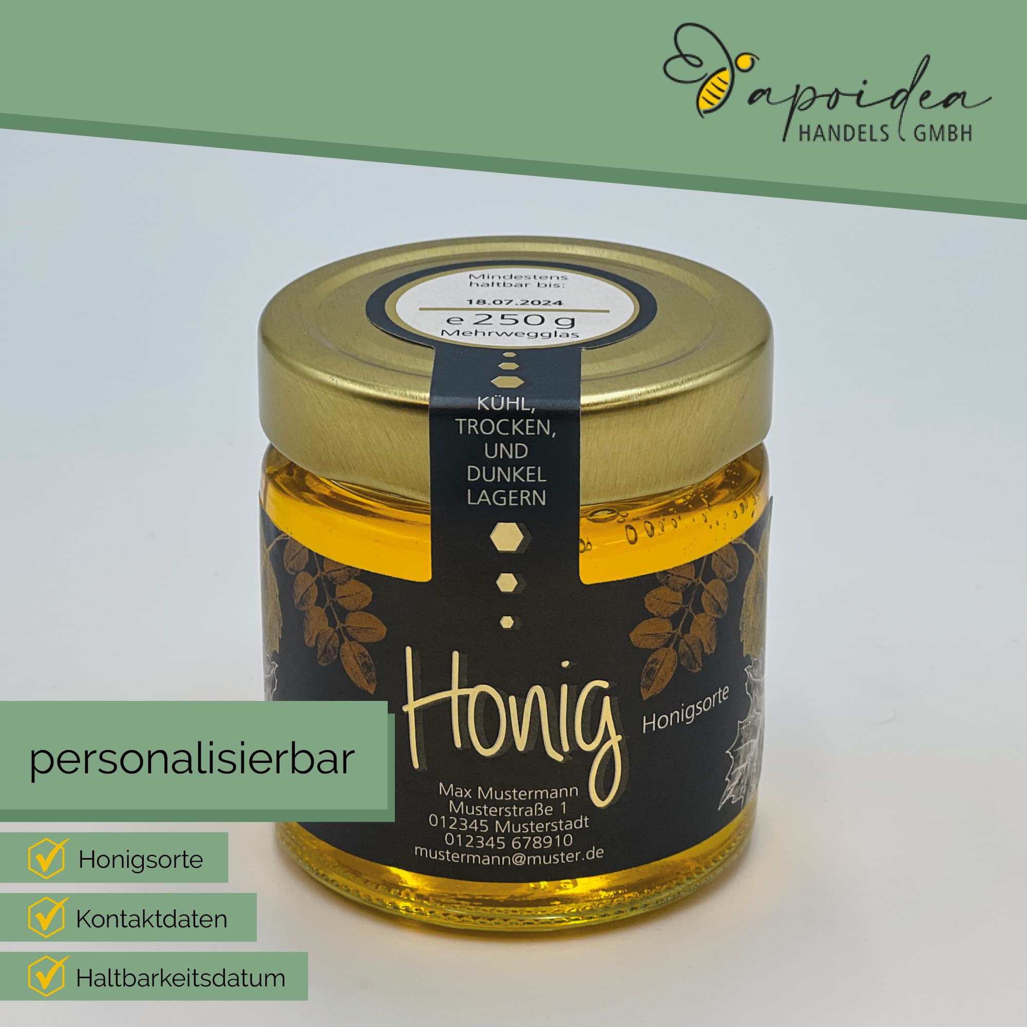 Apoidea – Honig Etiketten 250g mit Goldveredlung & Gewährverschluss selbstklebend, personalisierbar - 25 Stück/Etiketten Honiggläser/Honig Aufkleber für selbstgemachten Honig/Honigetiketten