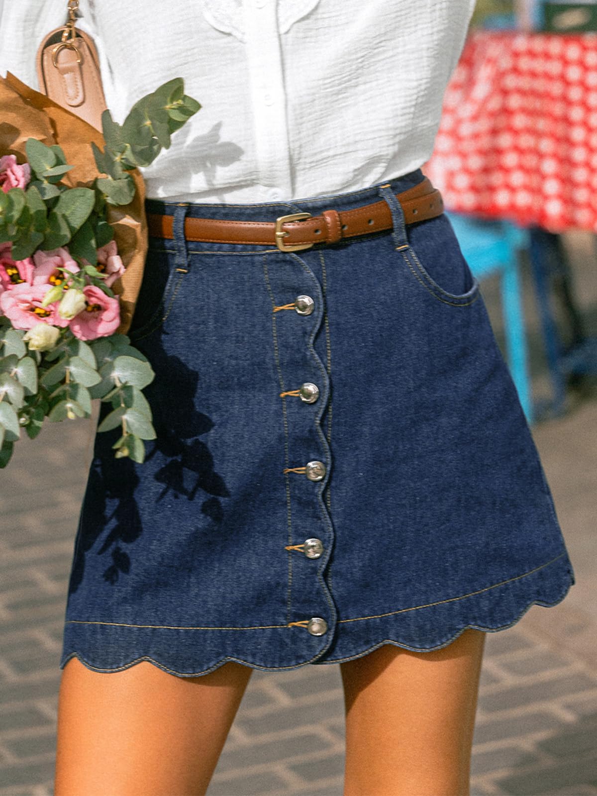 CUPSHE Jeansrock Damen Mini A-Linie mit hohem Bund und Muschelsaum