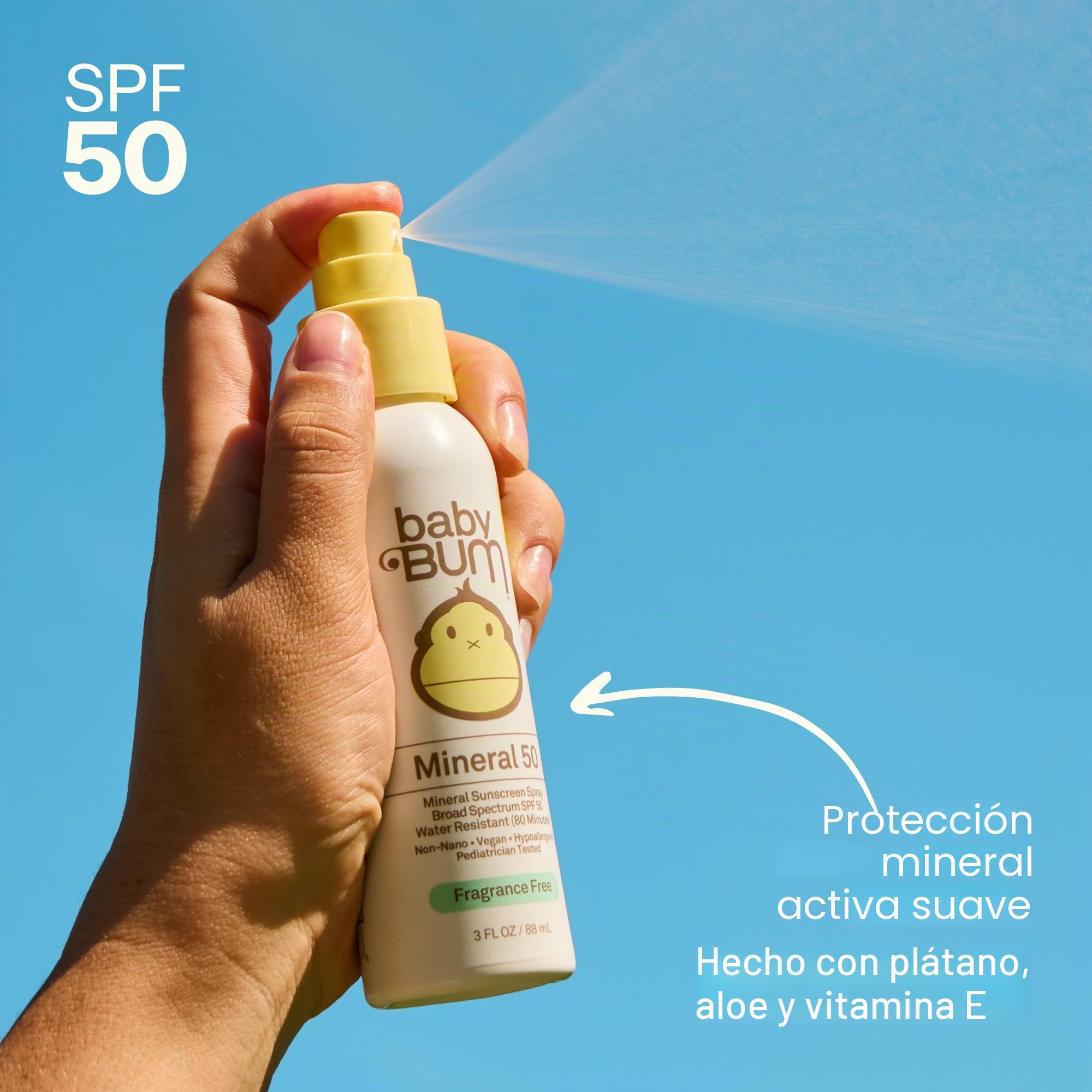 Sun Bum Baby Bum SPF 50 - Protector solar en aerosol mineral UVA/UVB, protección facial y corporal para pieles sensibles, sin fragancia, tamaño de viaje, 3 onzas líquidas