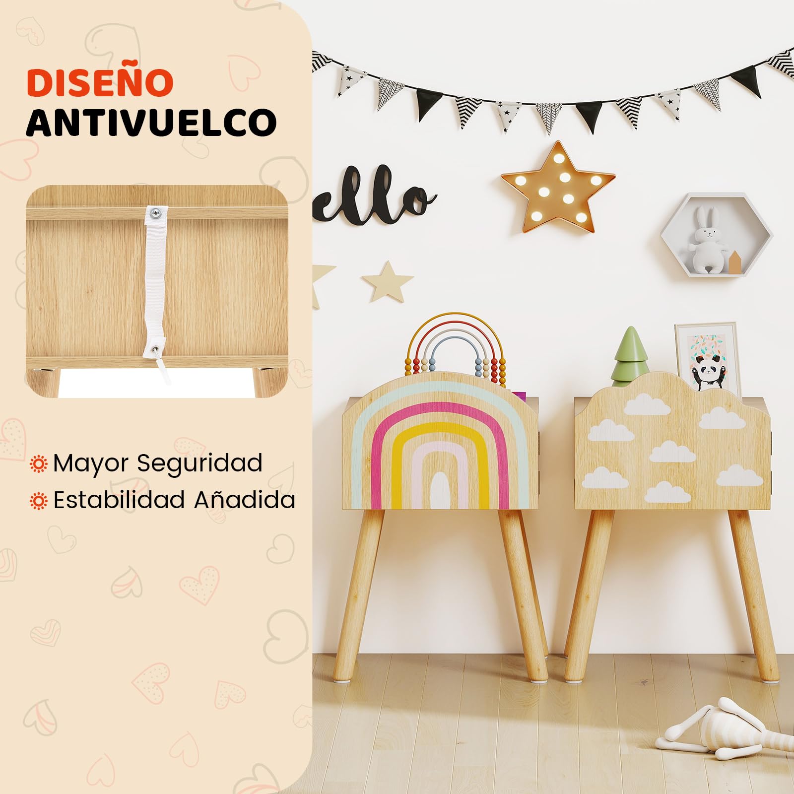 COSTWAY Juego de 2 Mesitas de Noche para Niños, Mesas Auxiliares con Patrones de Arco Iris y Nubes, Patas de Madera Maciza y Dispositivos Antivuelco, Mesillas de Noche Infantiles para Dormitorio