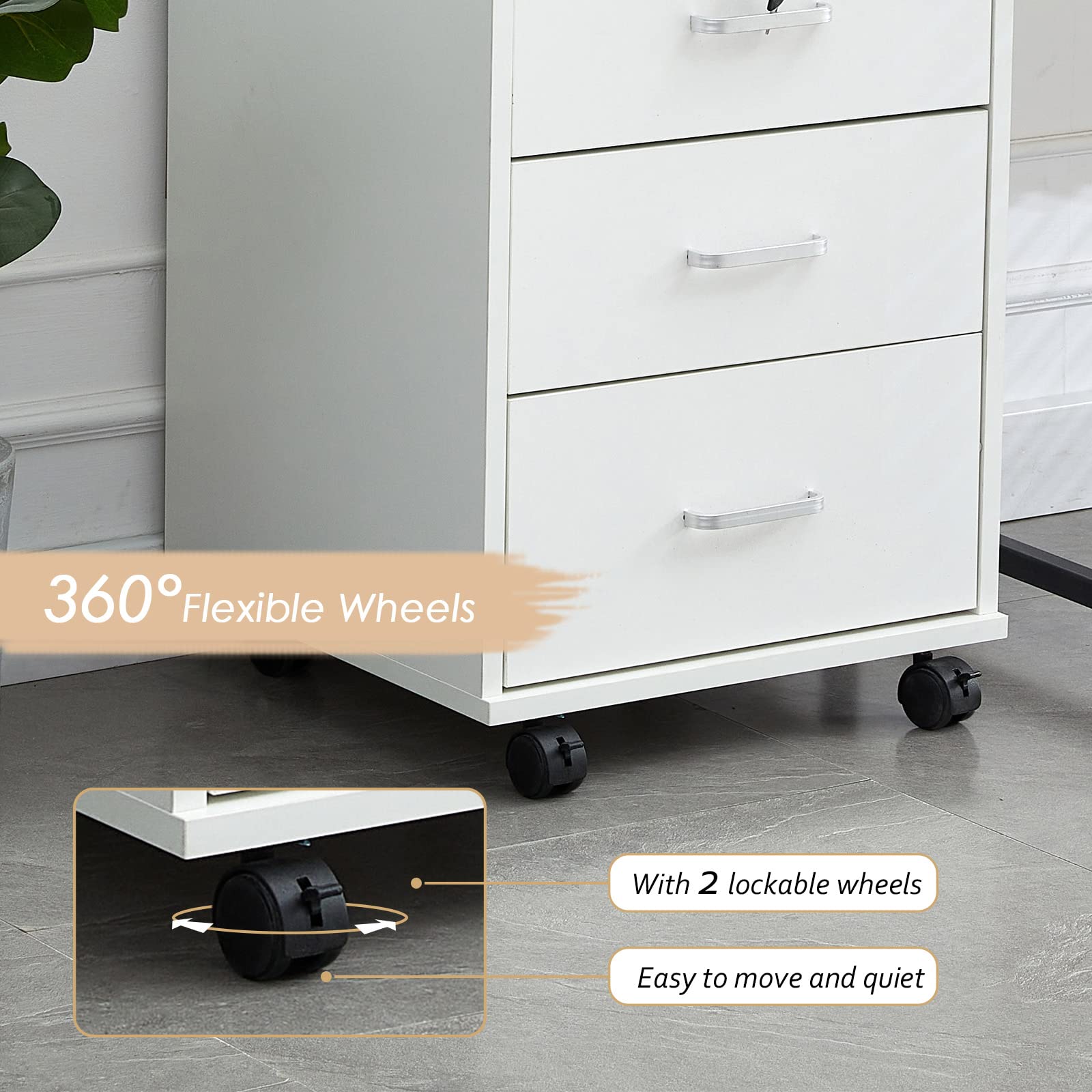 LEMROE Armadietto mobile a 3 cassetti con serratura e ruote in legno stile industriale per ufficio domestico (bianco, 3 cassetti)