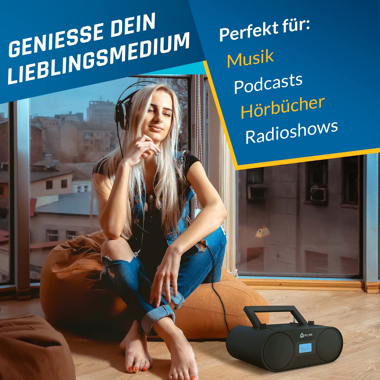 KLIM Boombox B4 Radio mit CD Player + AM/FM Radio, MP3, Bluetooth, AUX, USB tragbar mit kabellosem Modus und aufladbaren Akku + Mit Fernbedienung, Autosleep, Digital EQ