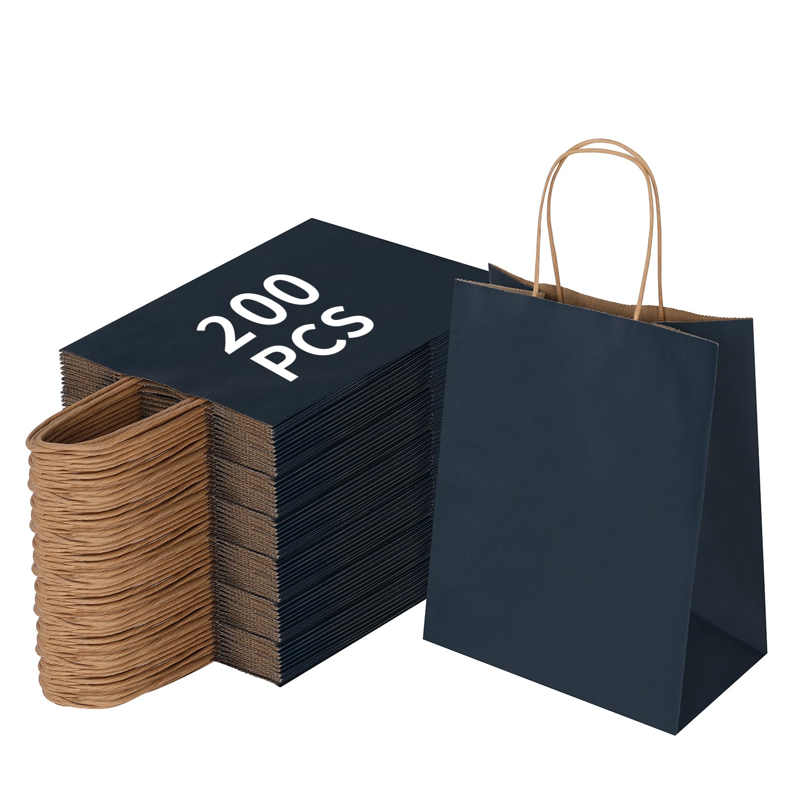 Joybe 200 Pack 8x4.75x10 Inch Medium Navy Blue Kraft Paper Bags with Handles Bulk, Craft Paper Gift Bags for Party Favors Grocery Retail Shopping