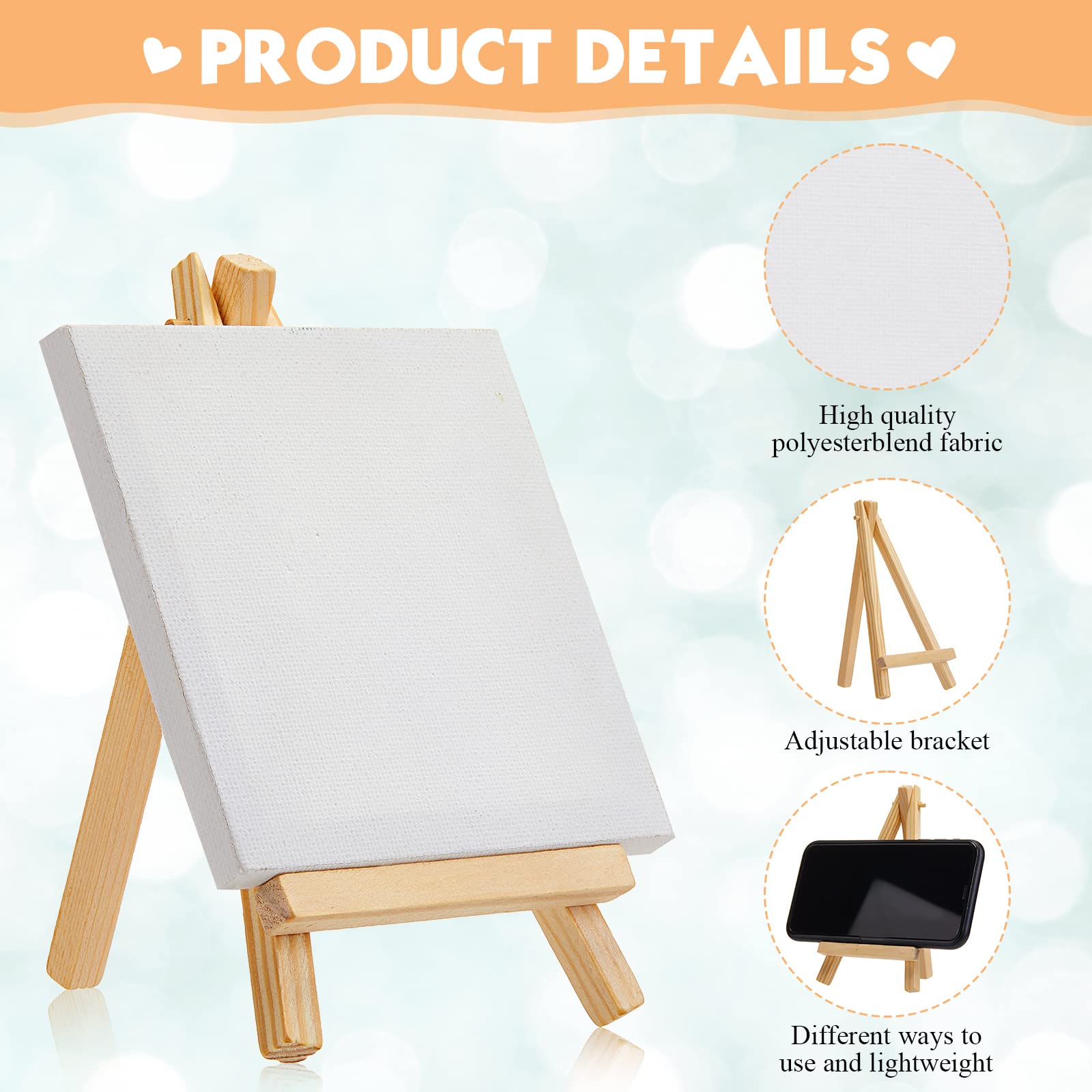 Mimorou Lot de 32 mini toiles tendues avec chevalet pour décoration sur bois, loisirs créatifs pour enfants, peinture acrylique, peinture à l'huile et à l'eau (12,7 x 12,7 cm)