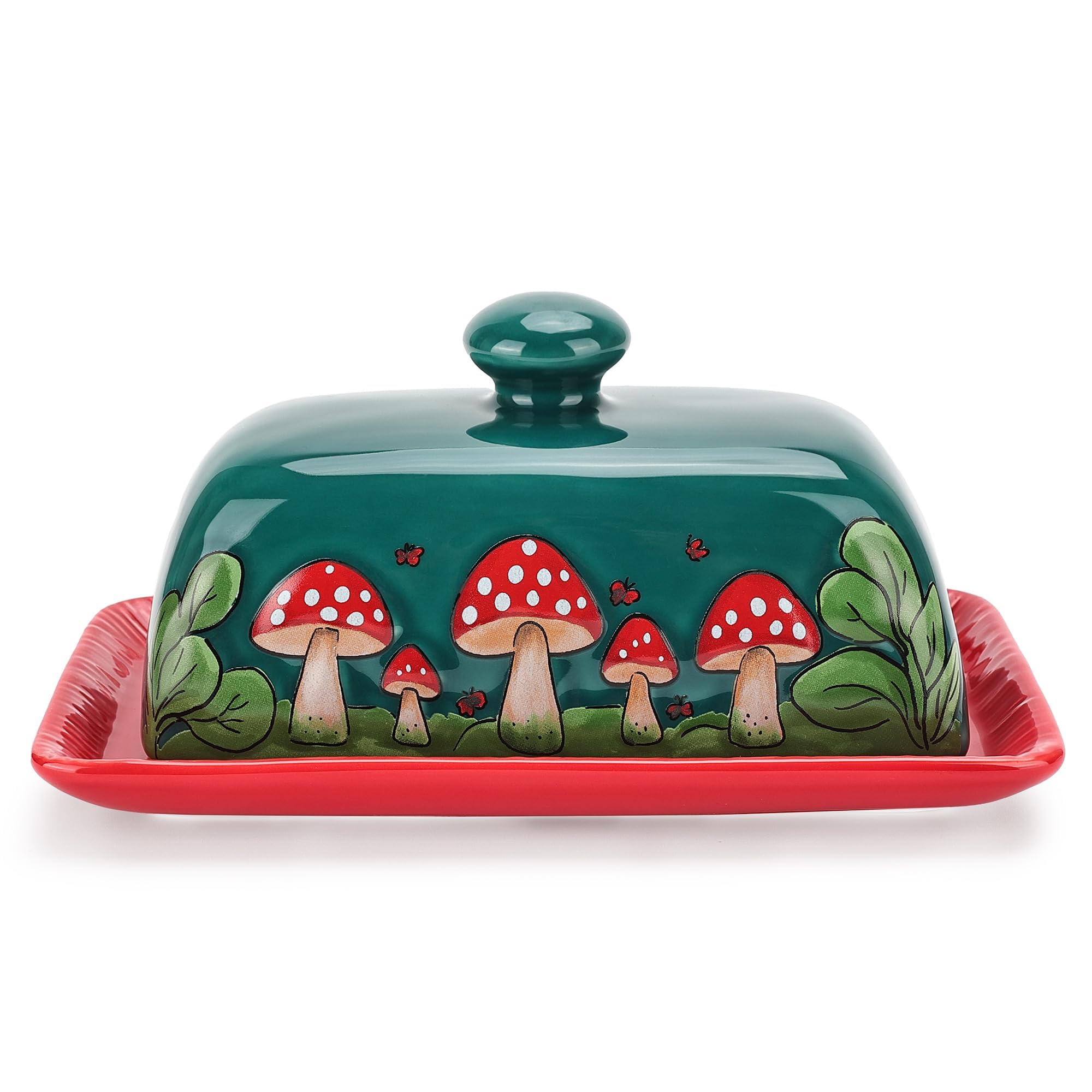 Fungi Fun Ceramic Butter Dish with Lids - Mushroom Butter Containers, Green