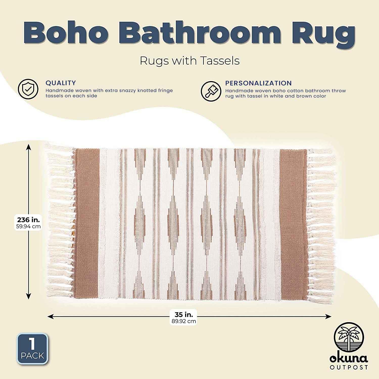 Alfombra de baño bohemia amarilla con borlas, alfombra boho (23.6 x 35 pulgadas)