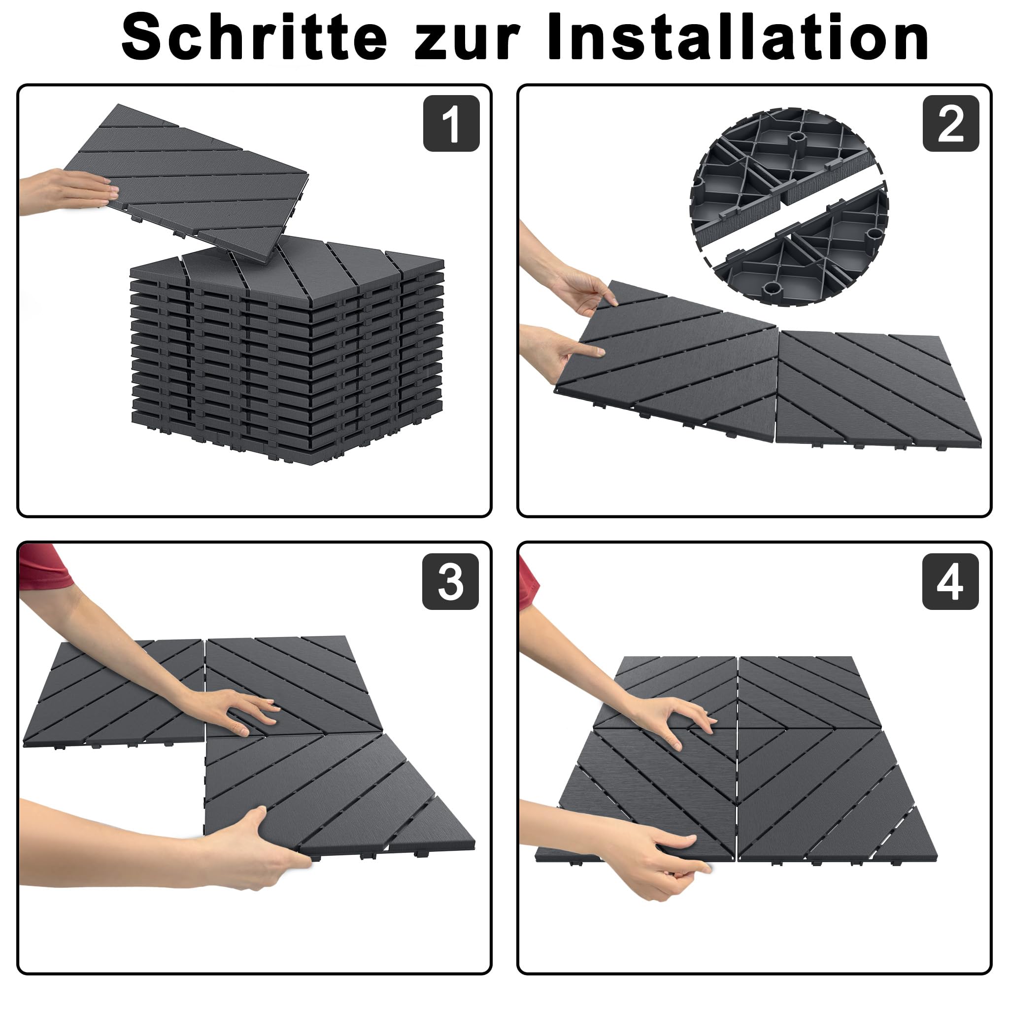 XMTECH Deski tarasowe z kompozytu WPC 30 x 30 na klik, 5 m², odporna na promieniowanie UV, wykładzina podłogowa, płytki tarasowe, na taras, balkon, do ogrodu i basenów, typ C, antracytowe, 55 sztuk