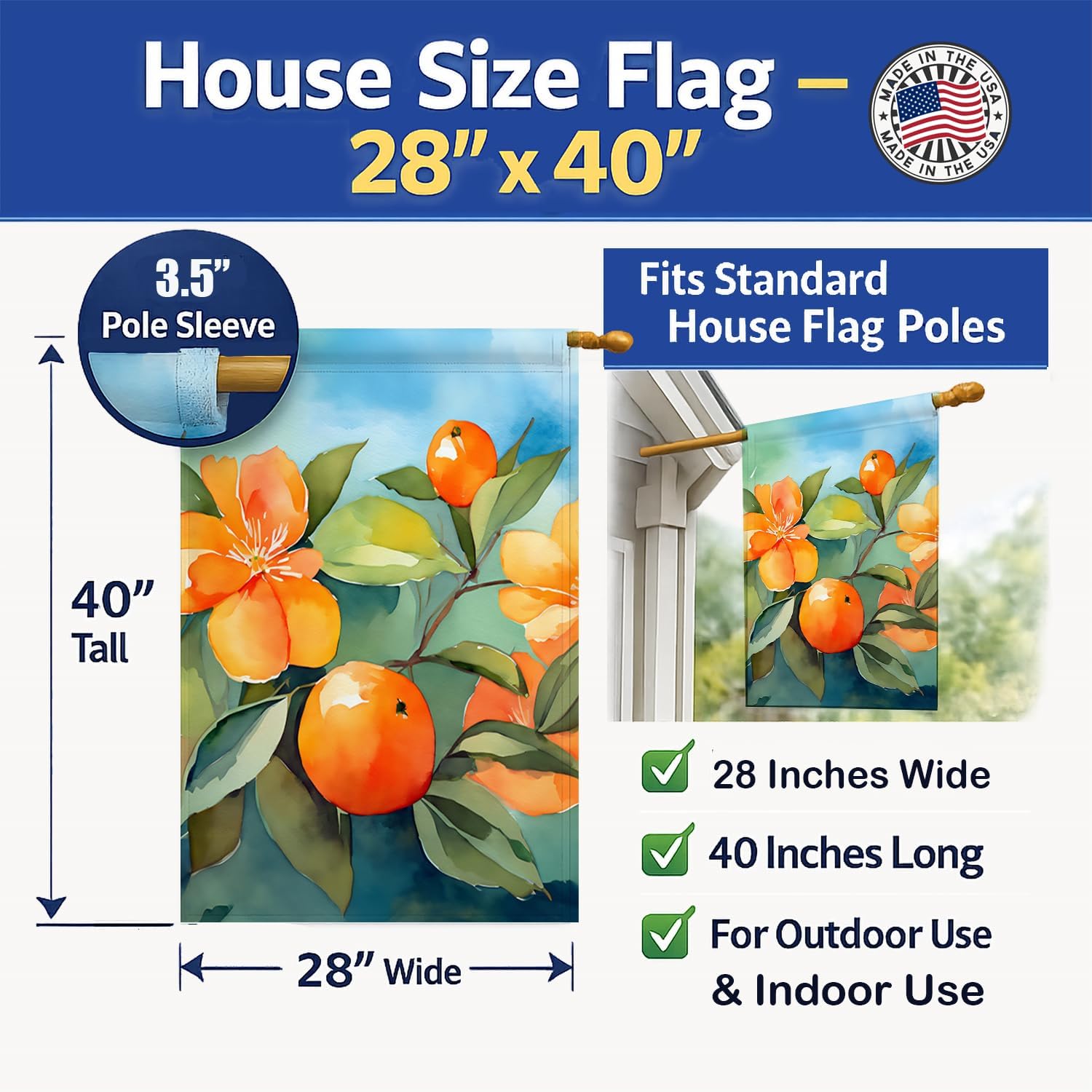 Caroline's Treasures Florida Orange Blossom in Watercolor House Flag Large Porch Sleeve Pole Decorative Outside Yard Banner Artwork Wall Hanging, Polyester, House Size, Multicolor