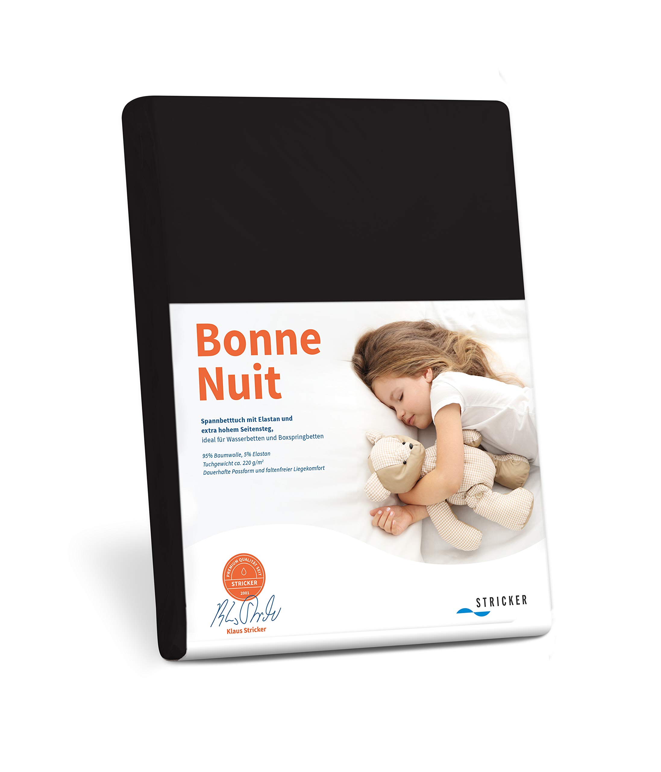 Bonne Nuit Elastan Spannbetttuch Baumwolle Stretch 220 g/m²- Steghöhe bis 40 cm Bettlaken für Boxspringbetten Wasserbetten - Größe 180x200 - 200x220 schwarz
