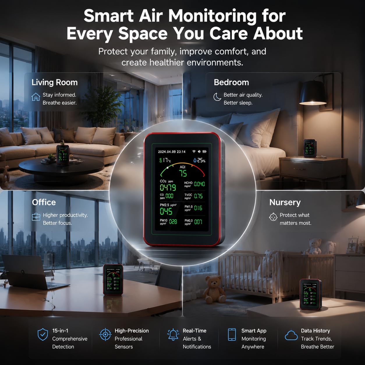 Professioneller 15-in-1 Luftqualitätsmessgerät mit App – CO₂-Messgerät, Feinstaubmessgerät PM2.5/PM10, VOC-Messgerät, Dual-Chip & Echtzeit-AQI-Warnungen