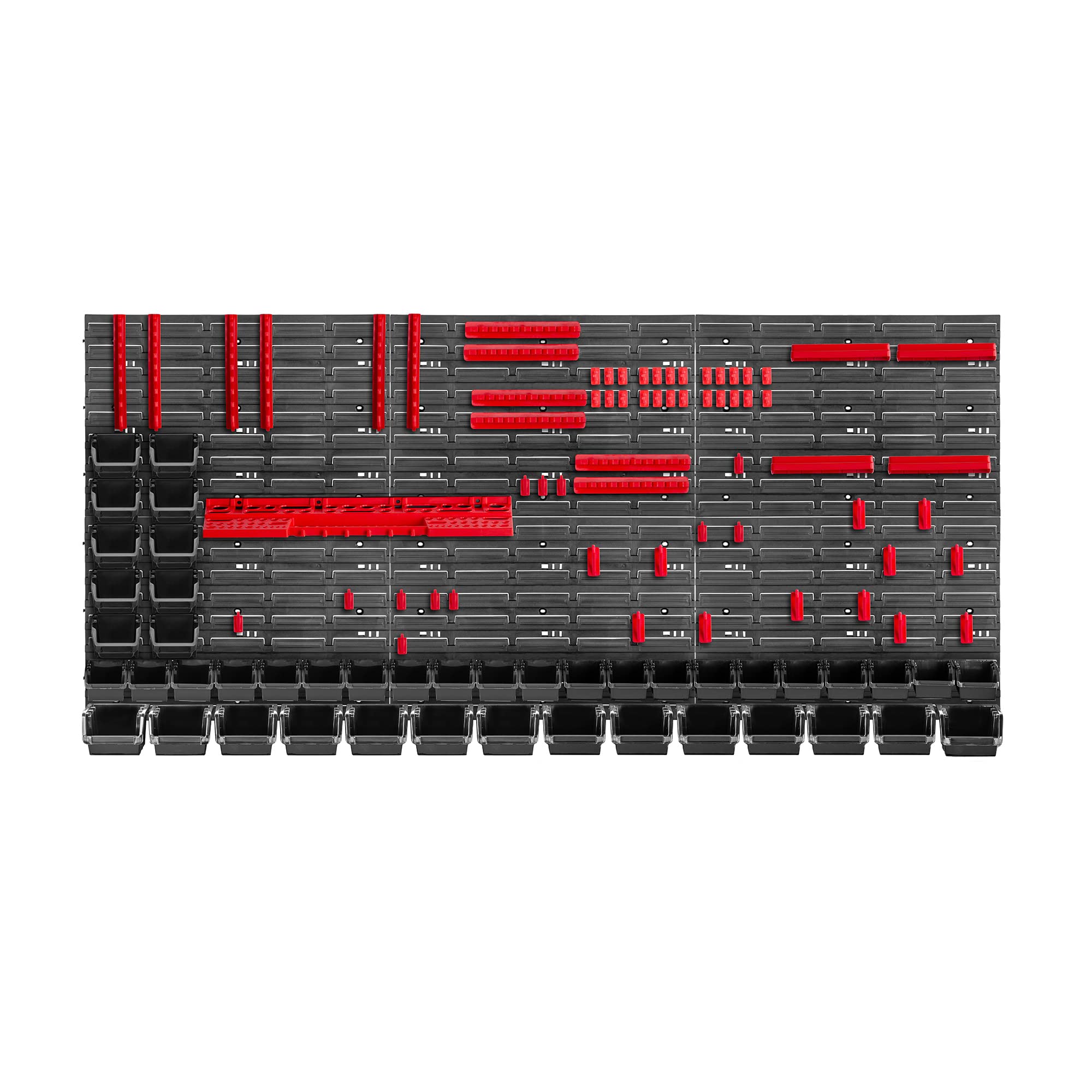 KADAX Werkzeugwandregal Groß, 174x78cm Lagersystem aus robustem Kunststoff, UV-Resistentes Modul-System, Erweiterbare Wandplatten, Werkstattregal für Garage (Rot&Schwarz, 110 tlg.)