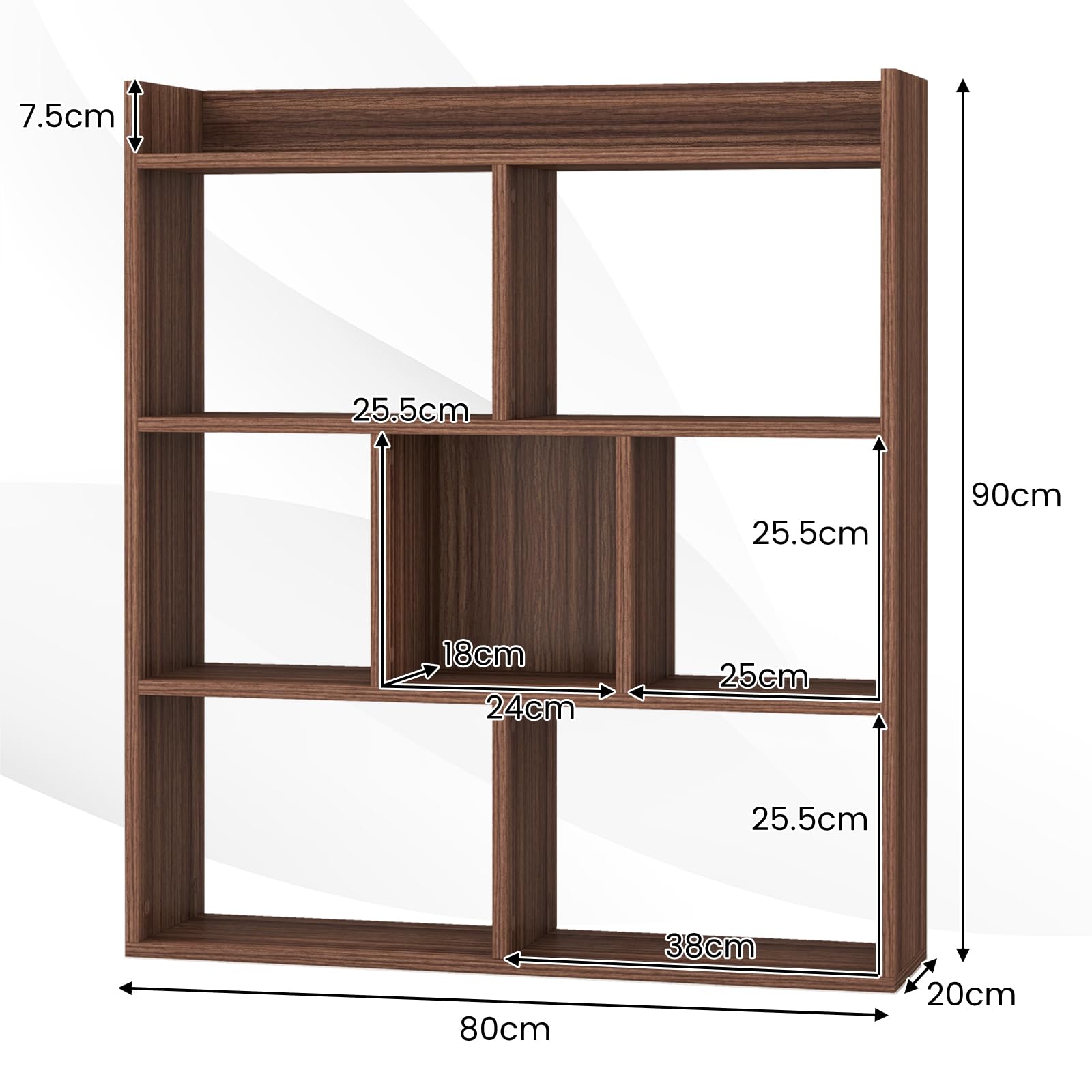 GIANTEX Geometryczny regał z 7 kostkami, drewniany regał do przechowywania, 80 x 20 x 90 cm, z zestawem zapobiegającym przewróceniu, półka podłogowa do salonu, gabinetu, sypialni (orzech)