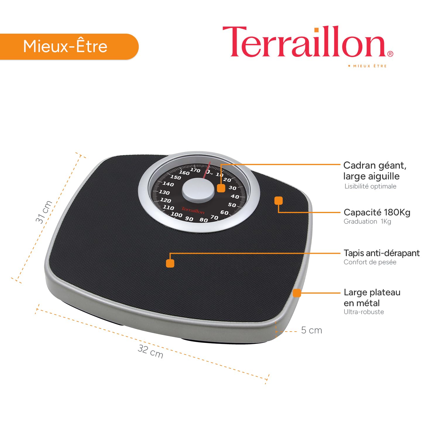 TERRAILLON NEO T Pèse personne mécanique 180 kg Graduation 1 kg Noir Argent
