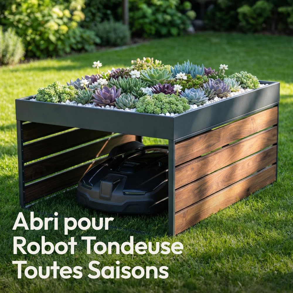 CASABEL Abri Robot Tondeuse en Acier Galvanisé, Toit Bac à Plantes | Protection contre les intempéries, Acier galvanisé robuste, Bac à plantes intégré, Abri universel, Effet bois, Montage facile