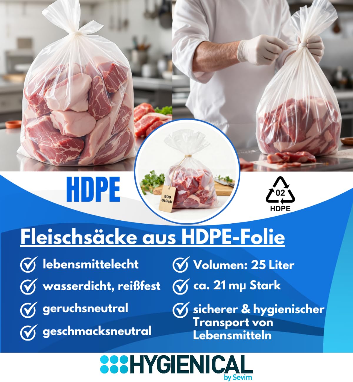 Fleischbeutel HDPE 60x40 cm – 500 Stück, Fleischsäcke/Fleischsack, Flachbeutel & Metzgersack, transparent, lebensmittelecht nach EU 10/2011 (21my - 25L)